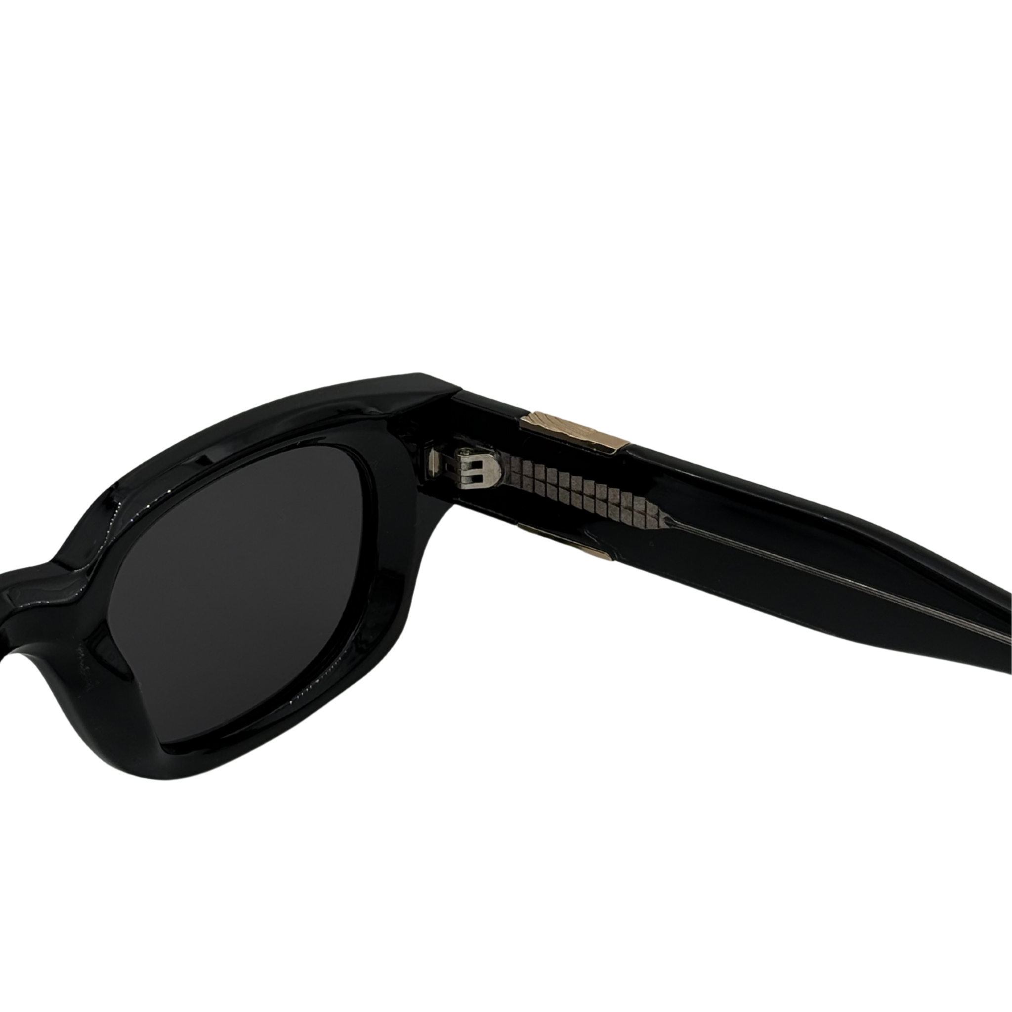 Black sunglasses with a brand logo on a white background
