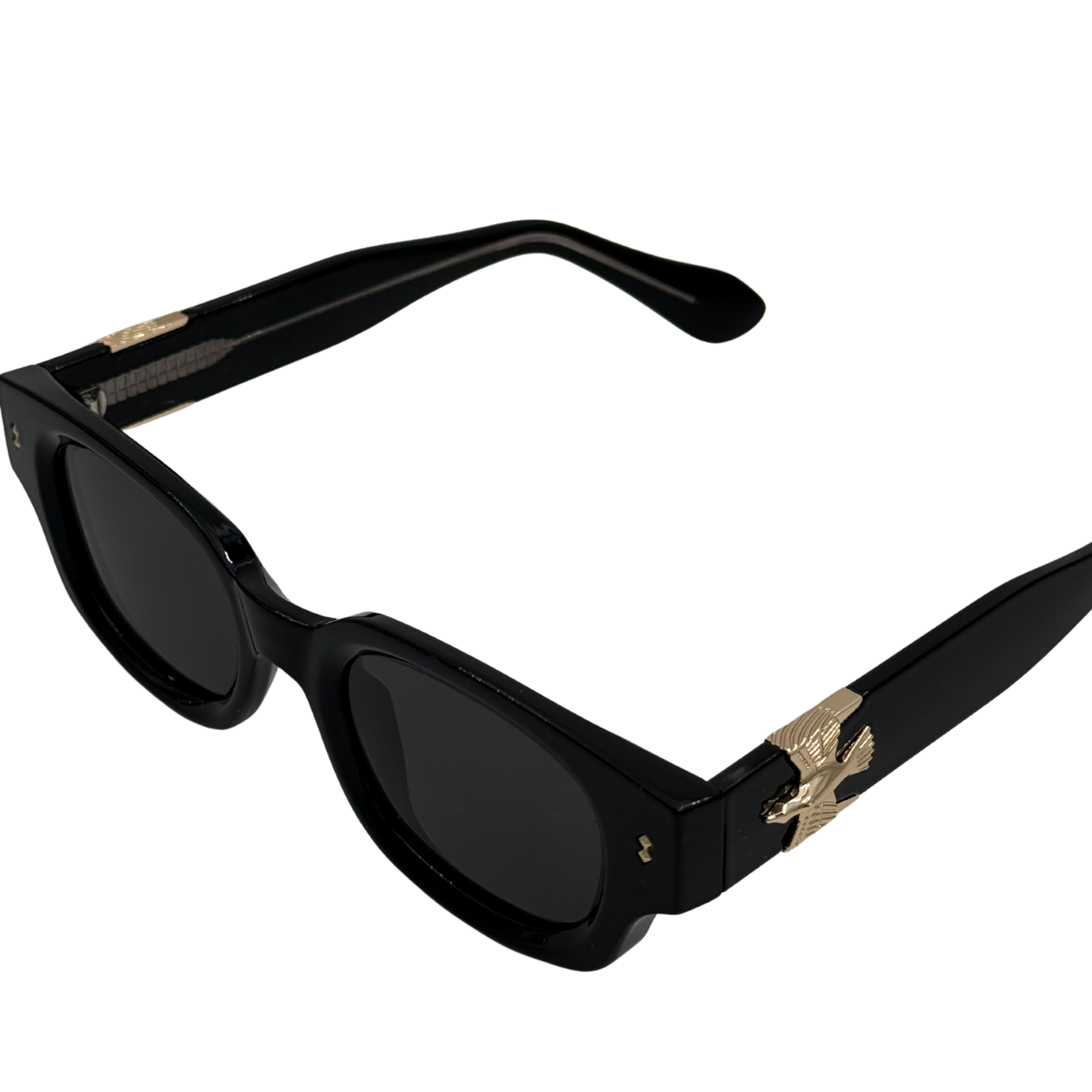 Sunglasses with tortoiseshell frame and eagle emblem on a white background