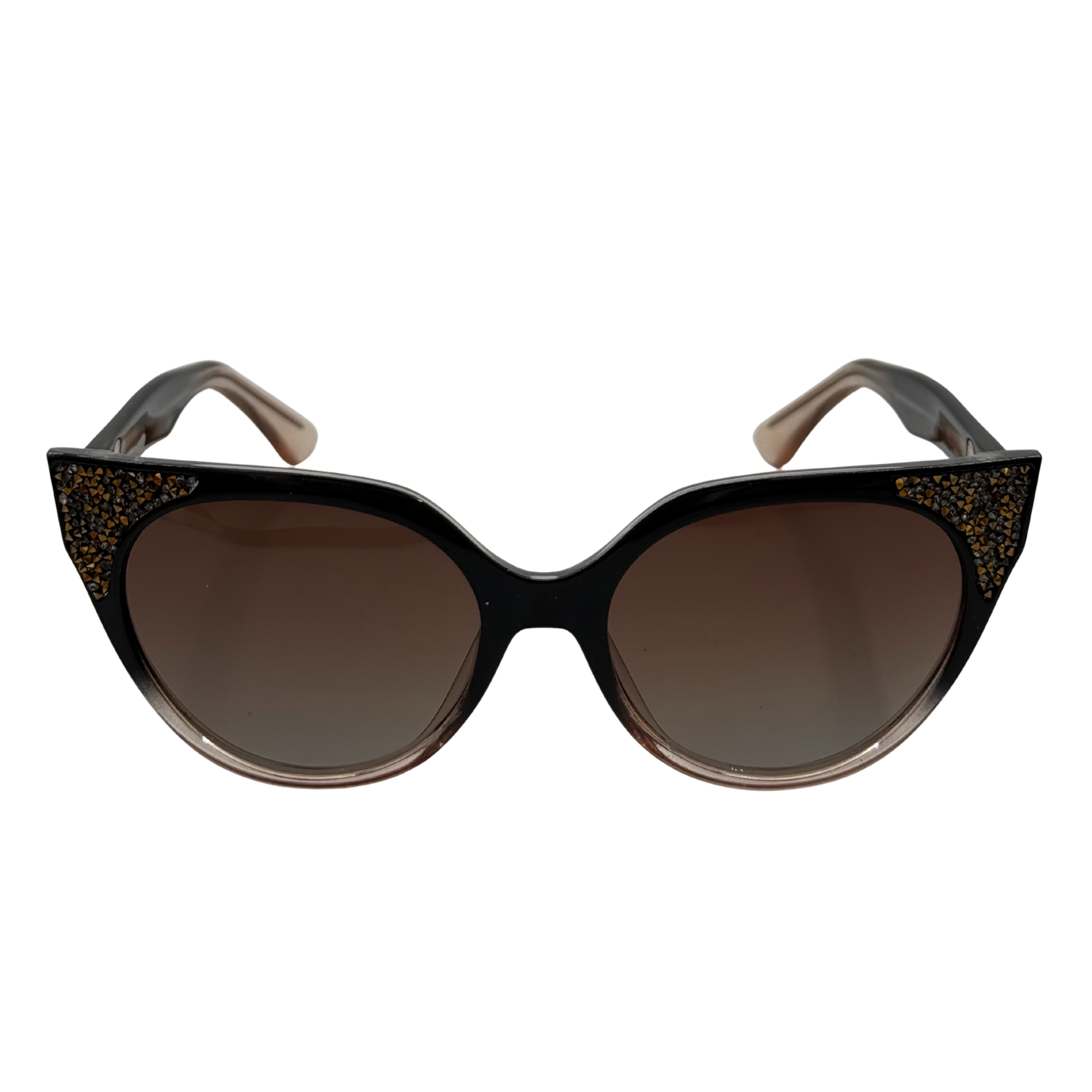 Black cat-eye sunglasses with decorative details on a white background