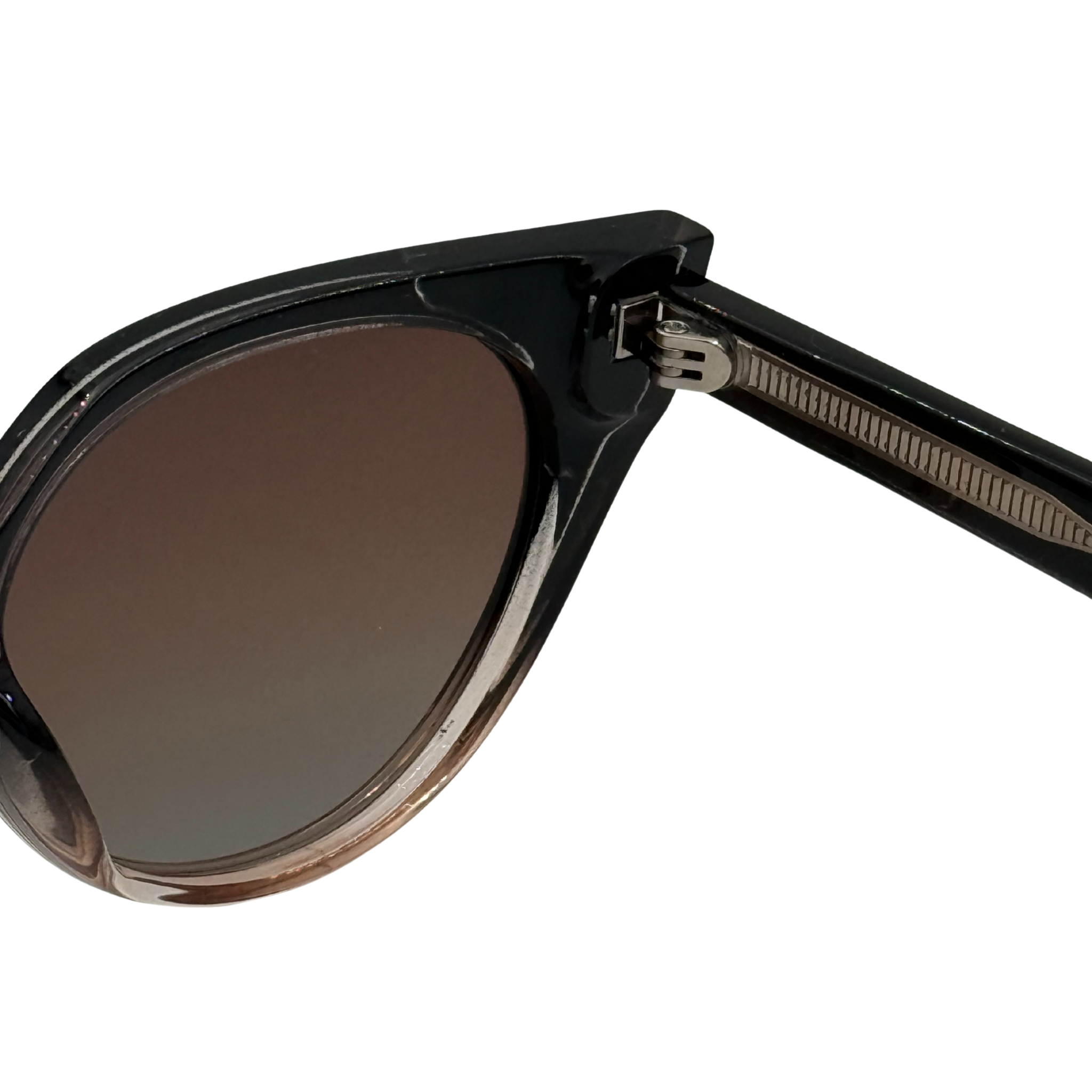 Close-up of a black sunglasses with a white background