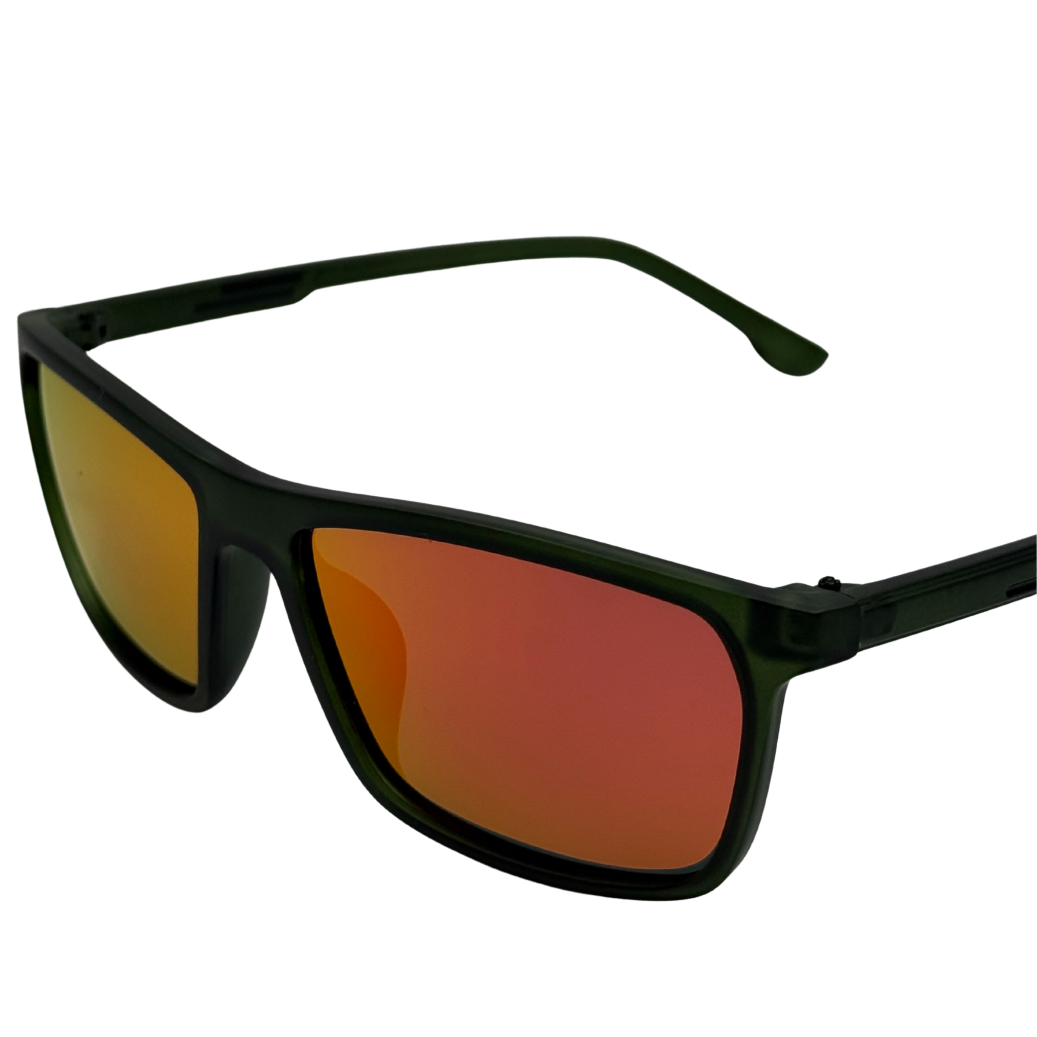 Sunglasses with black frame and orange-tinted lenses on a white background