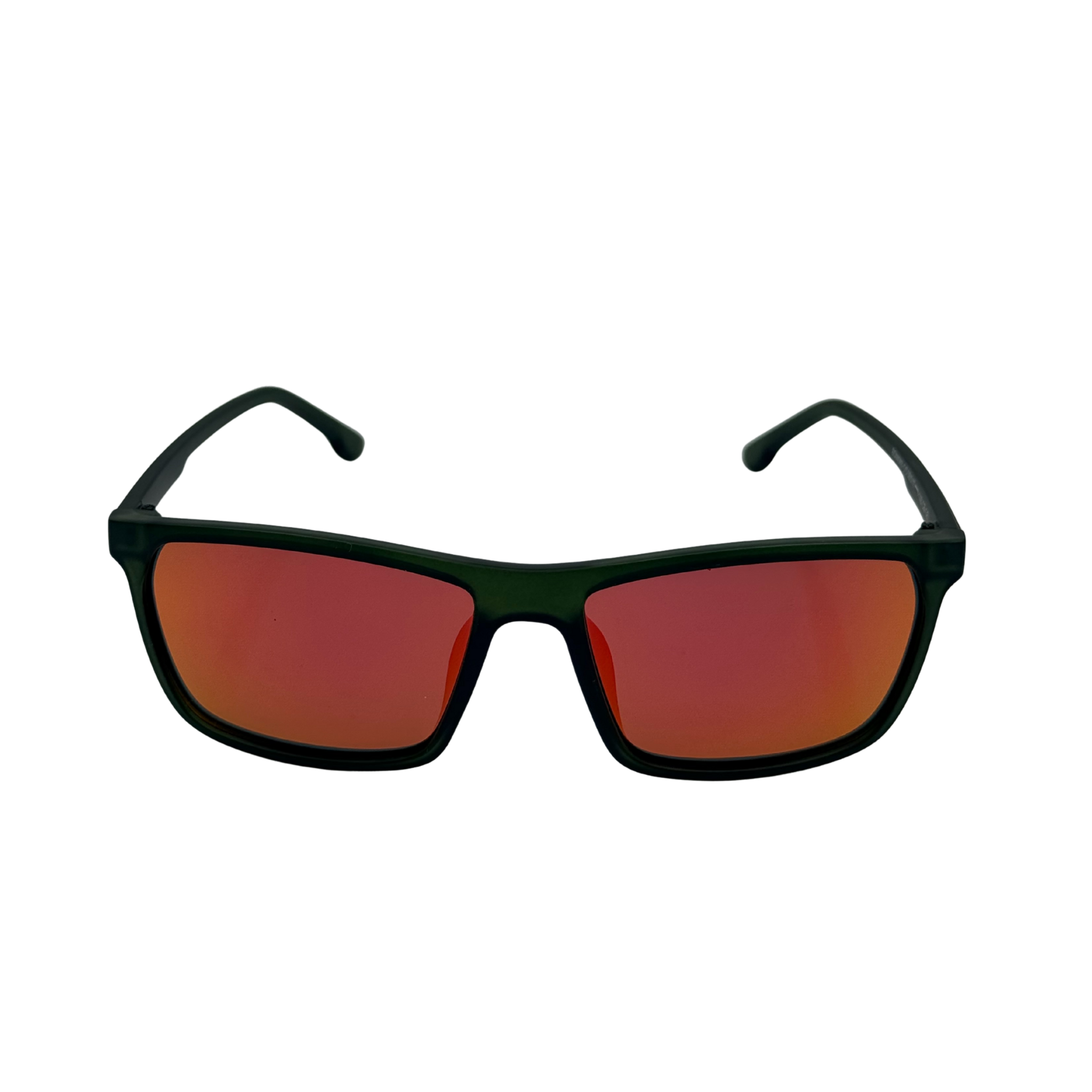 Sunglasses with black frame and red lenses on a white background