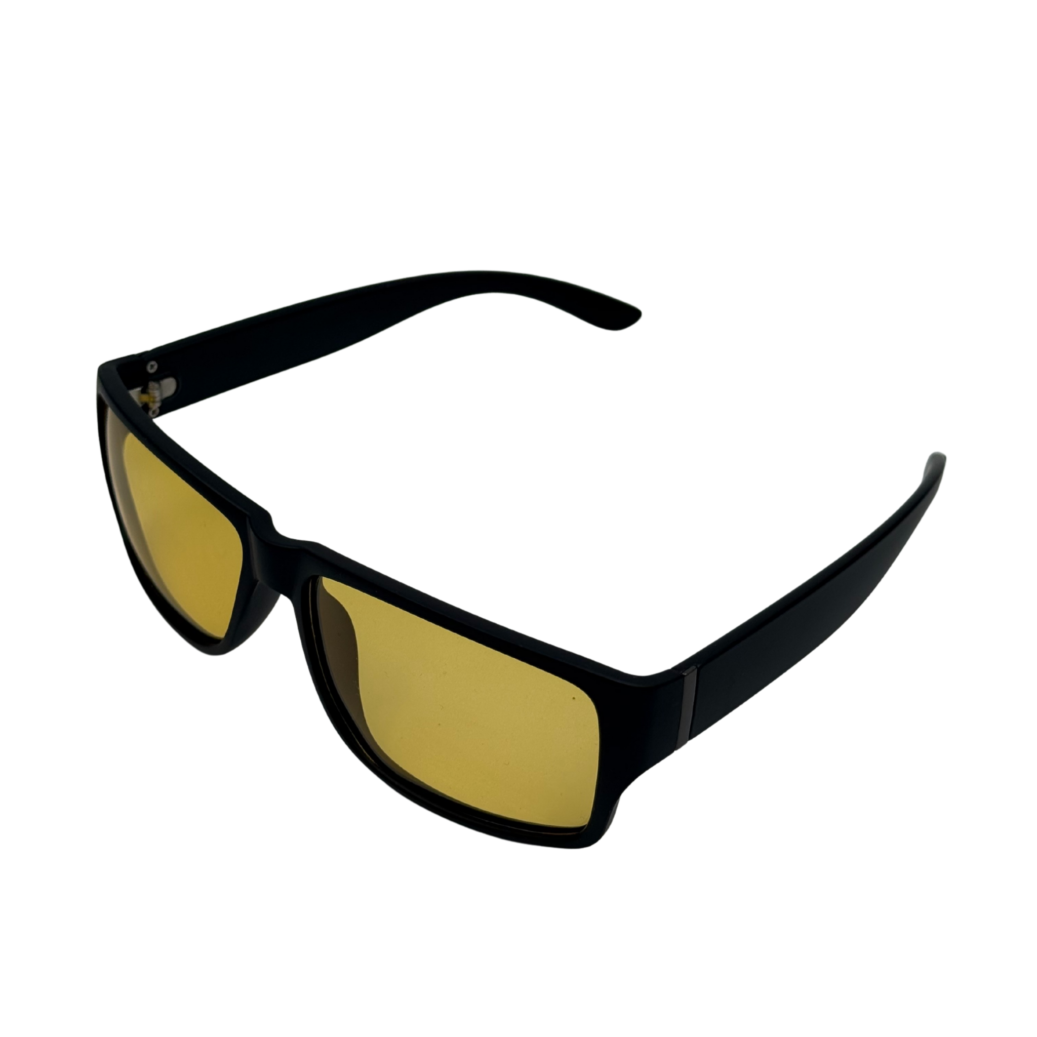 Black-framed sunglasses with gold-tinted lenses on a white background