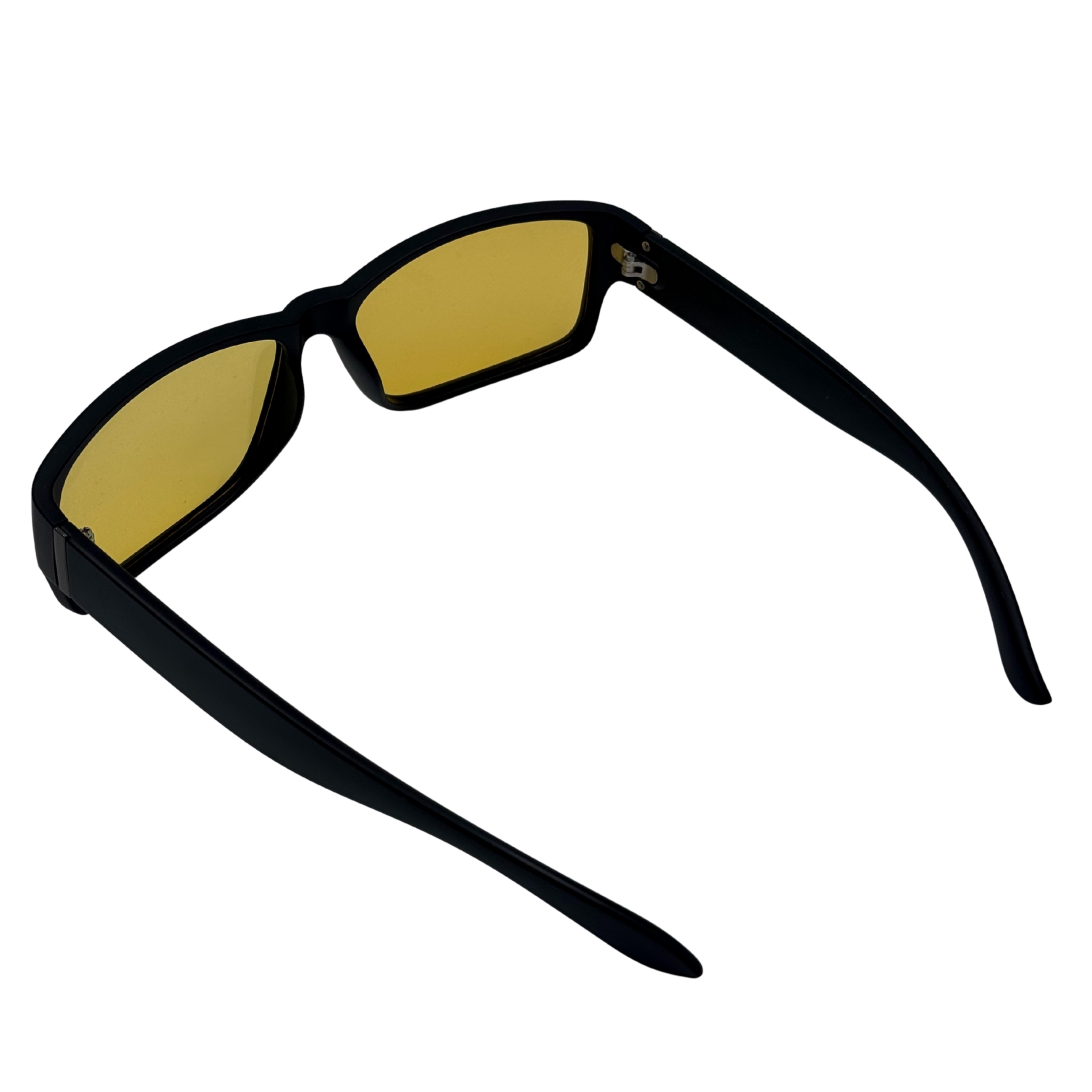 Sunglasses with black frame and gold lenses on a white background