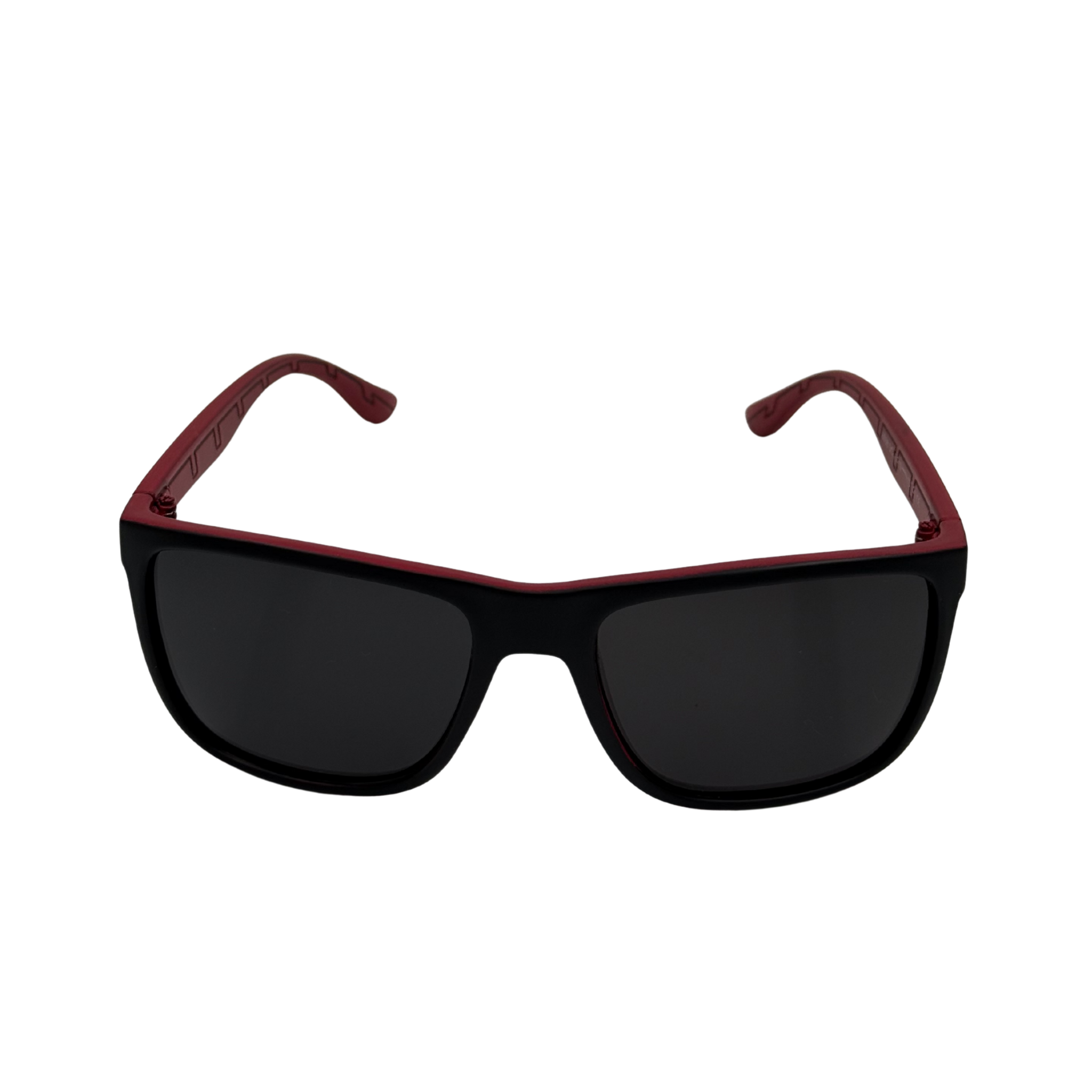 Black sunglasses with red frames on a white background