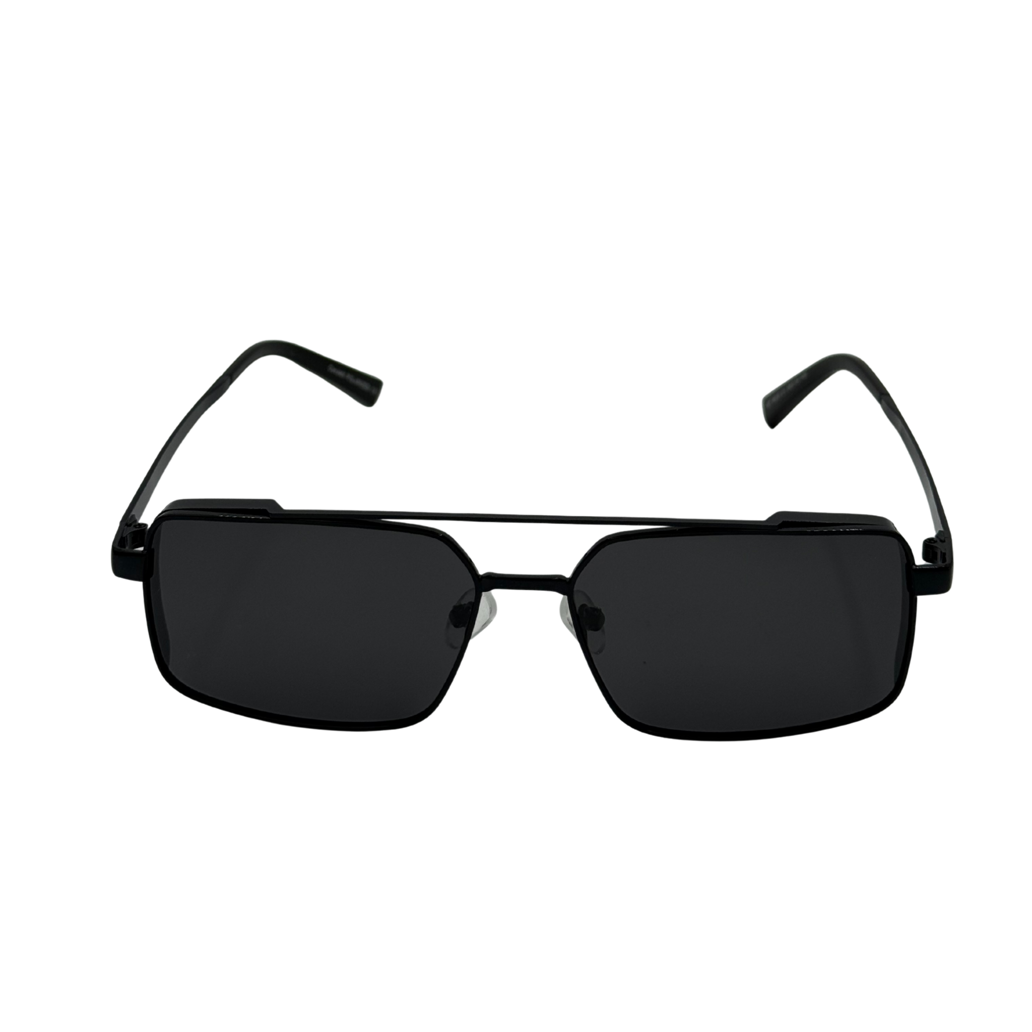Black sunglasses with rectangular lenses on a white background
