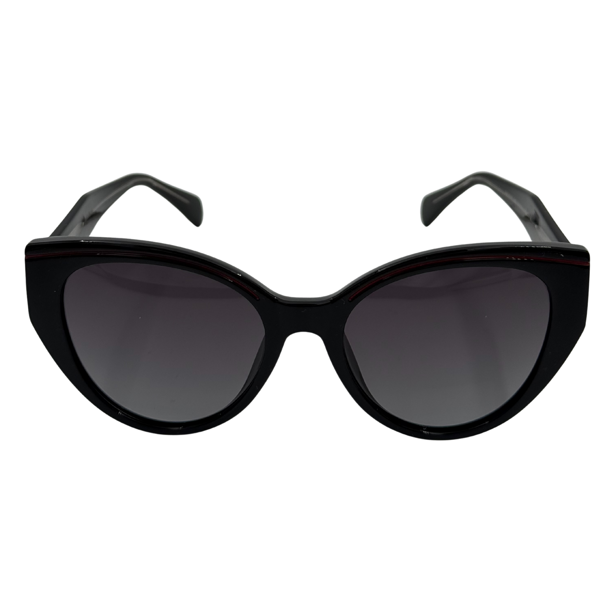Black cat-eye sunglasses with dark lenses on a white background