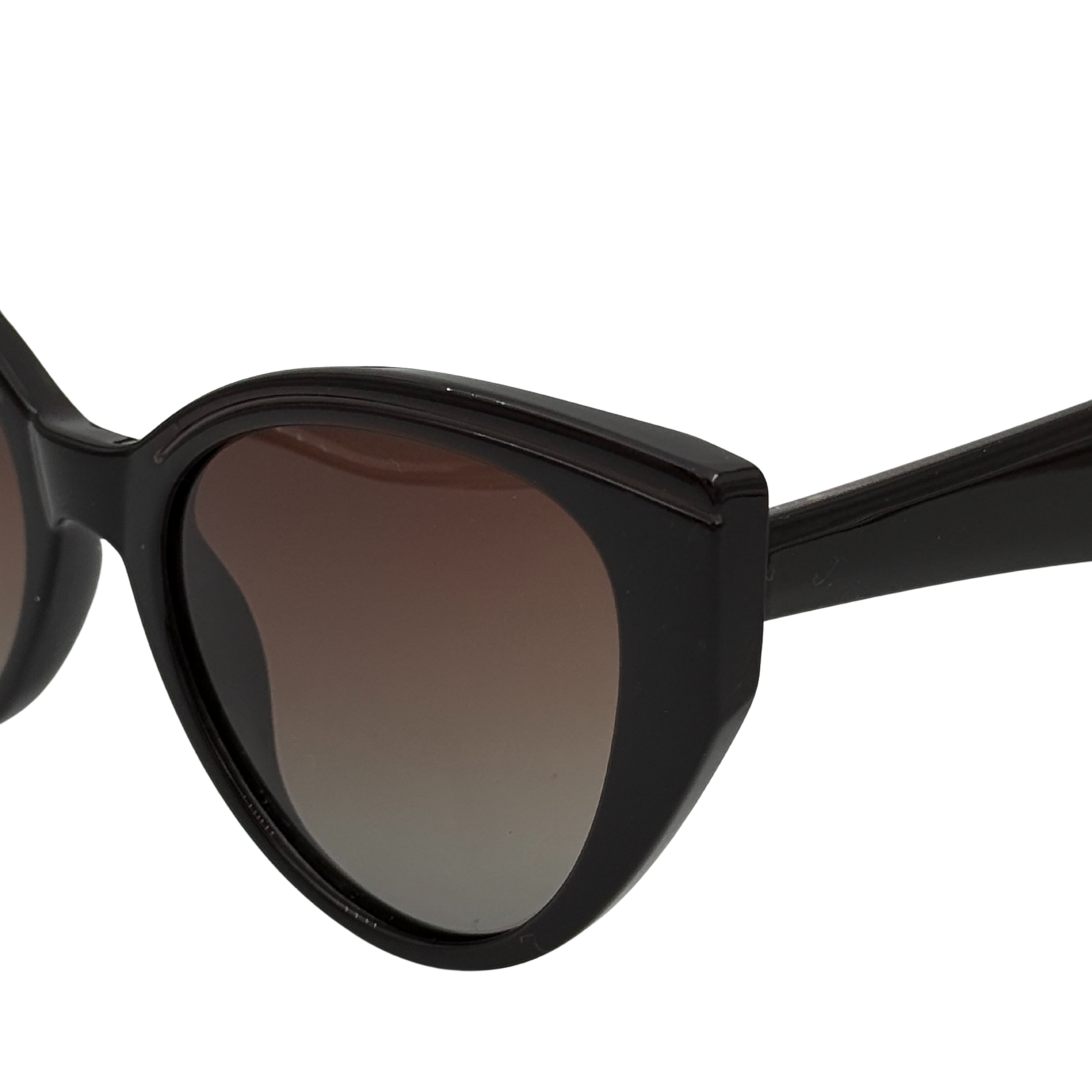 Black sunglasses with a brand logo on the arm against a white background