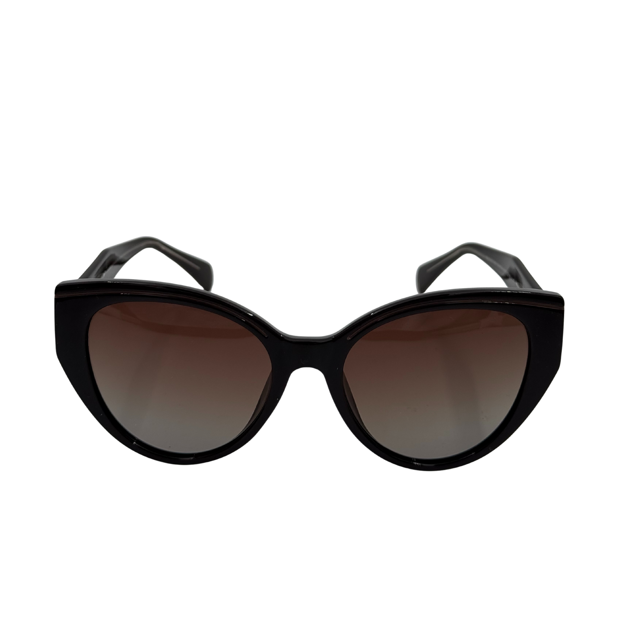Black cat-eye sunglasses with dark lenses on a white background