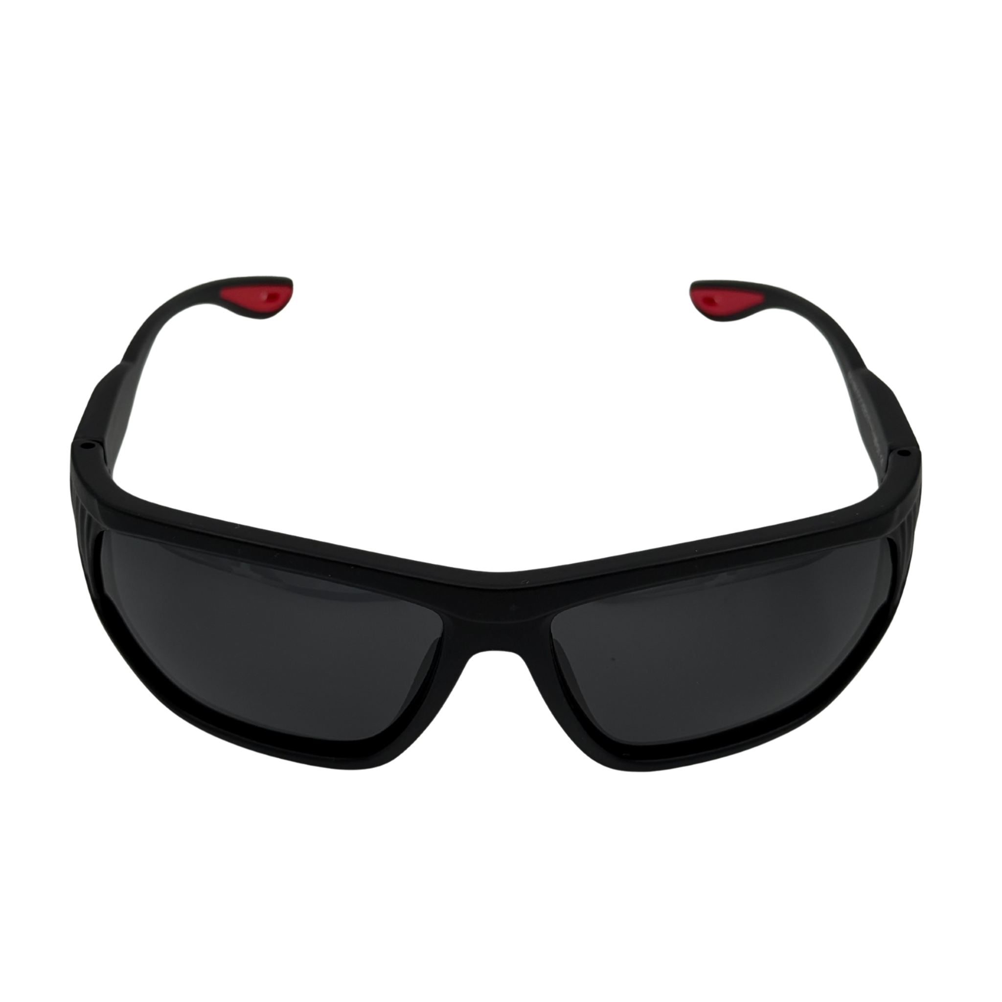 Black sunglasses with red accents on a white background