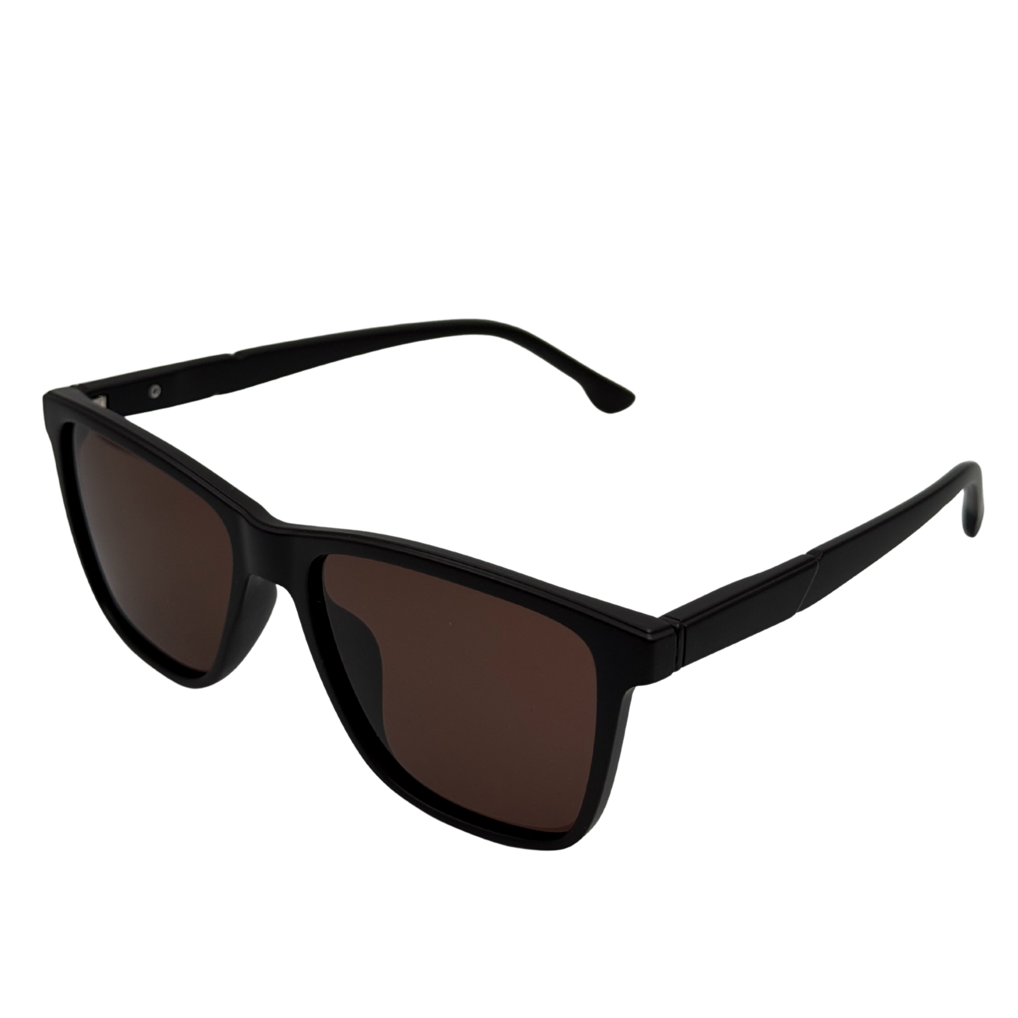 Black sunglasses with brown lenses on a white background