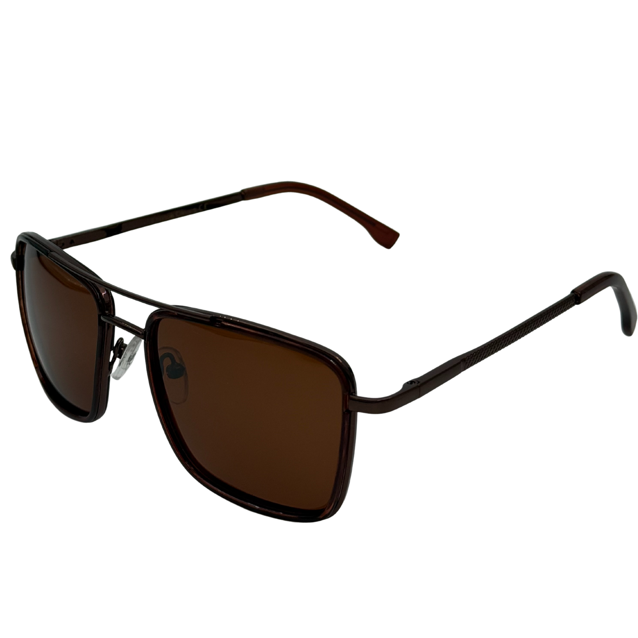 Sunglasses with brown lenses and black frame on a white background