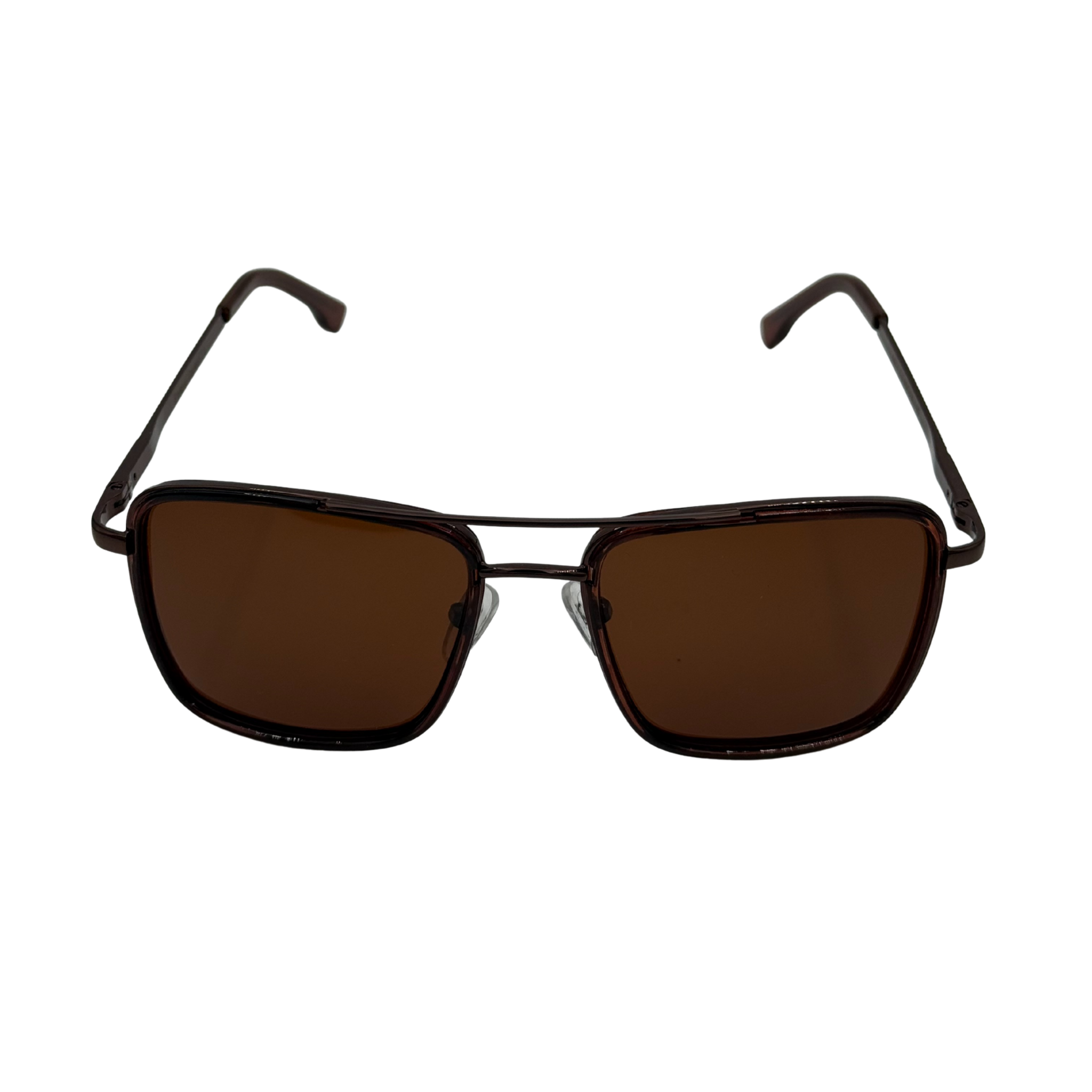 Sunglasses with brown lenses and black frame on a white background