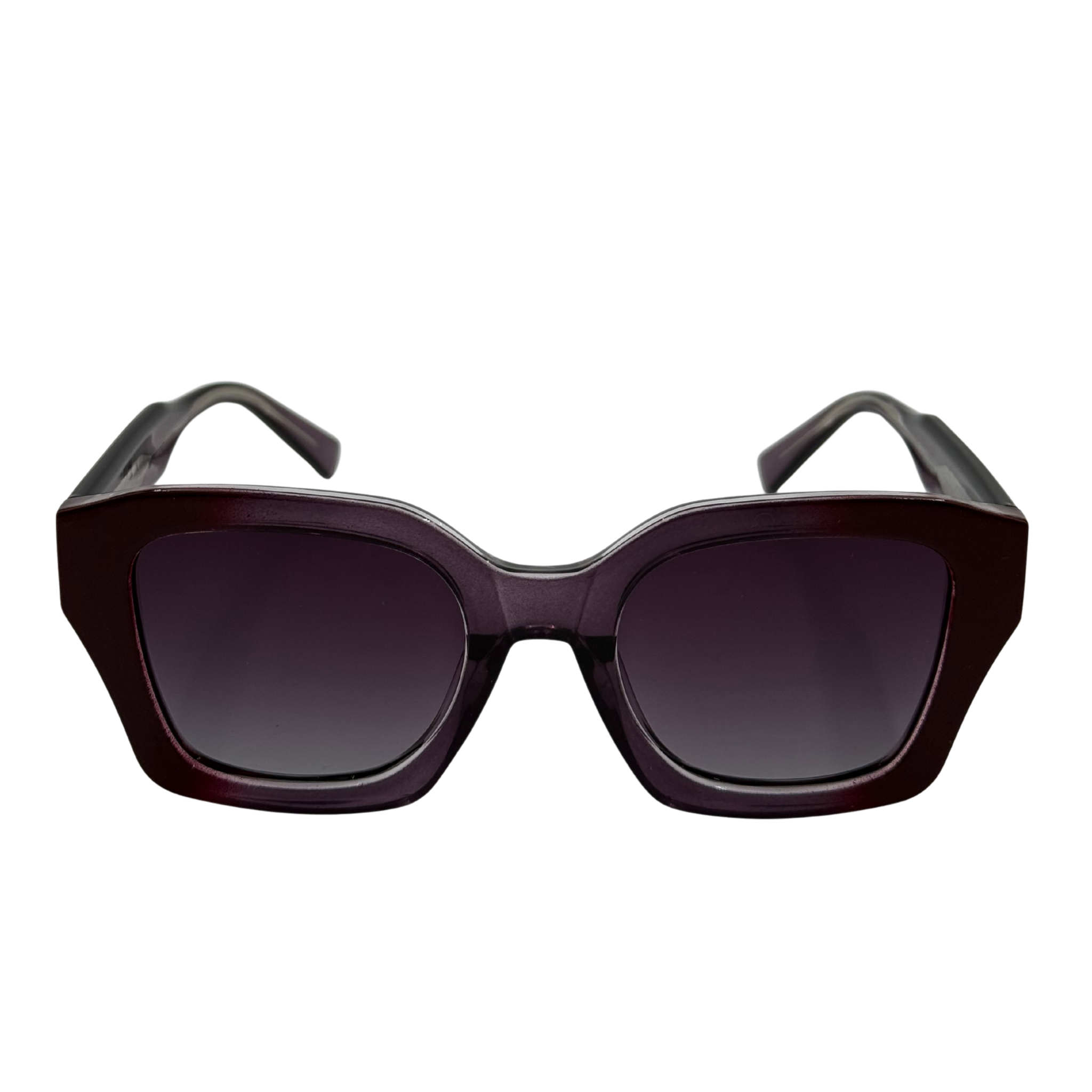 Sunglasses with dark lenses and black frame on a white background