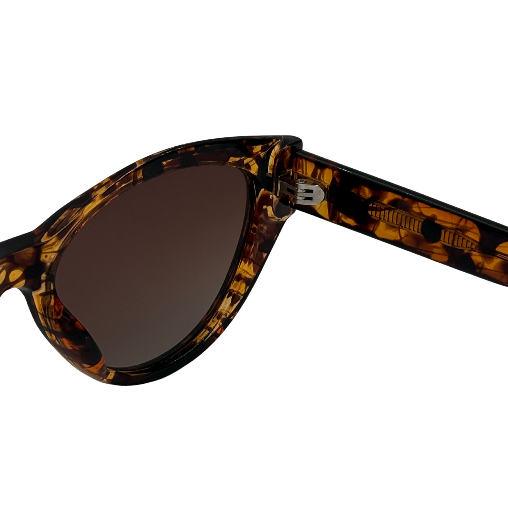 Sunglasses with tortoiseshell frame and dark lenses on a white background