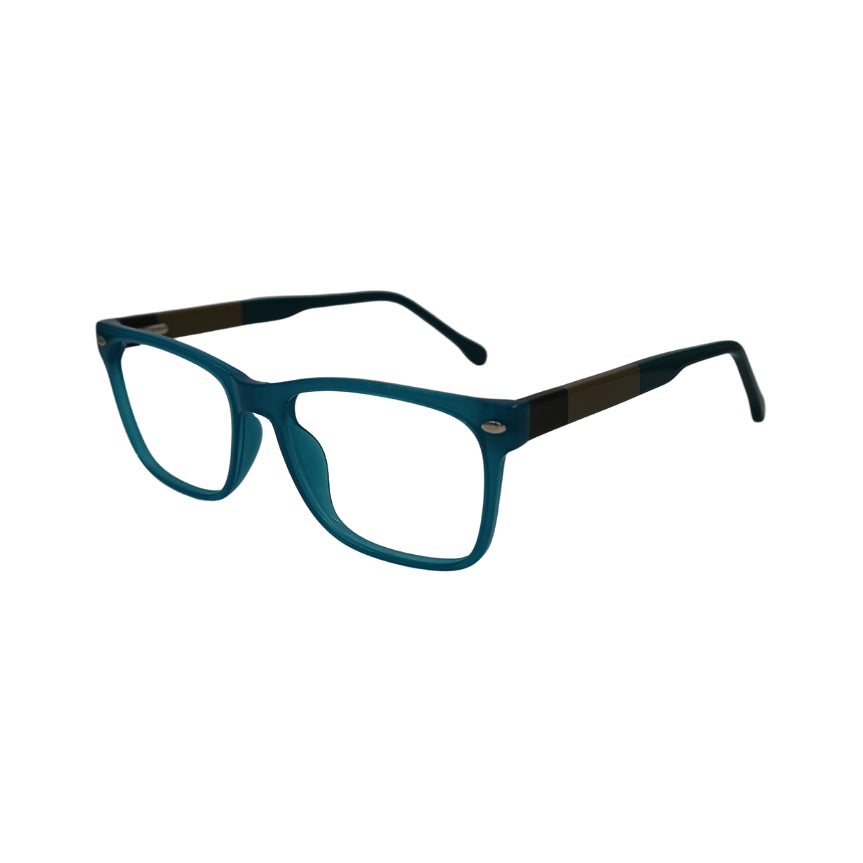 A pair of blue prescription glasses with a full plastic frame and metal accents.