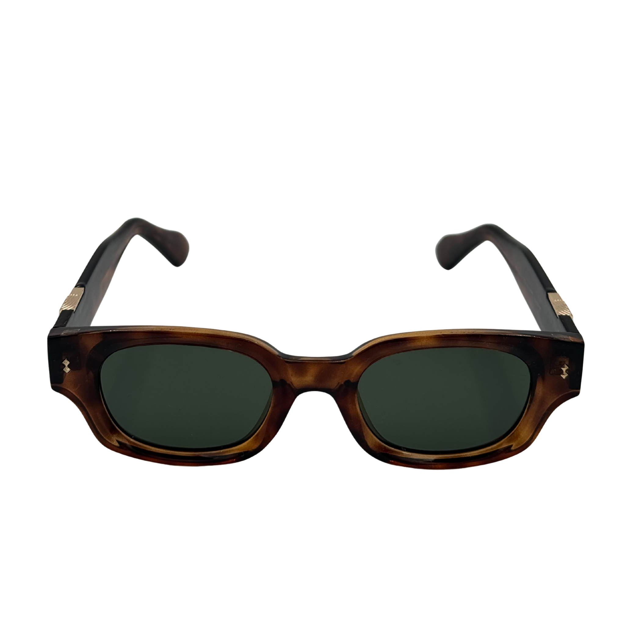 Sunglasses with tortoiseshell frame and dark lenses on a white background