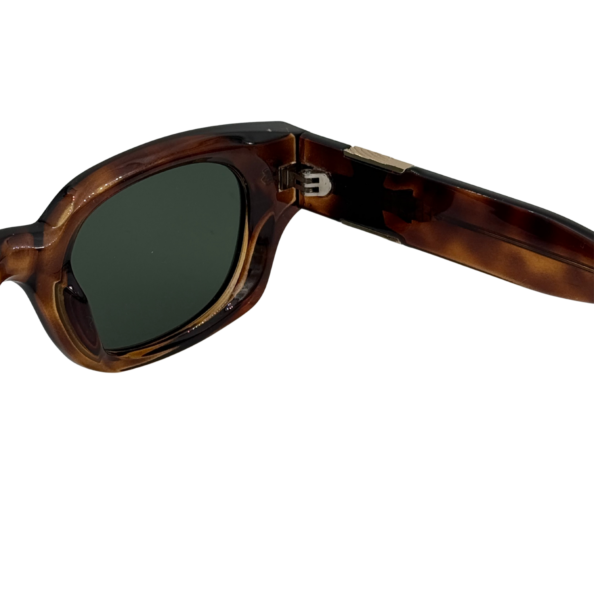 Sunglasses with tortoiseshell frame and dark lenses on a white background