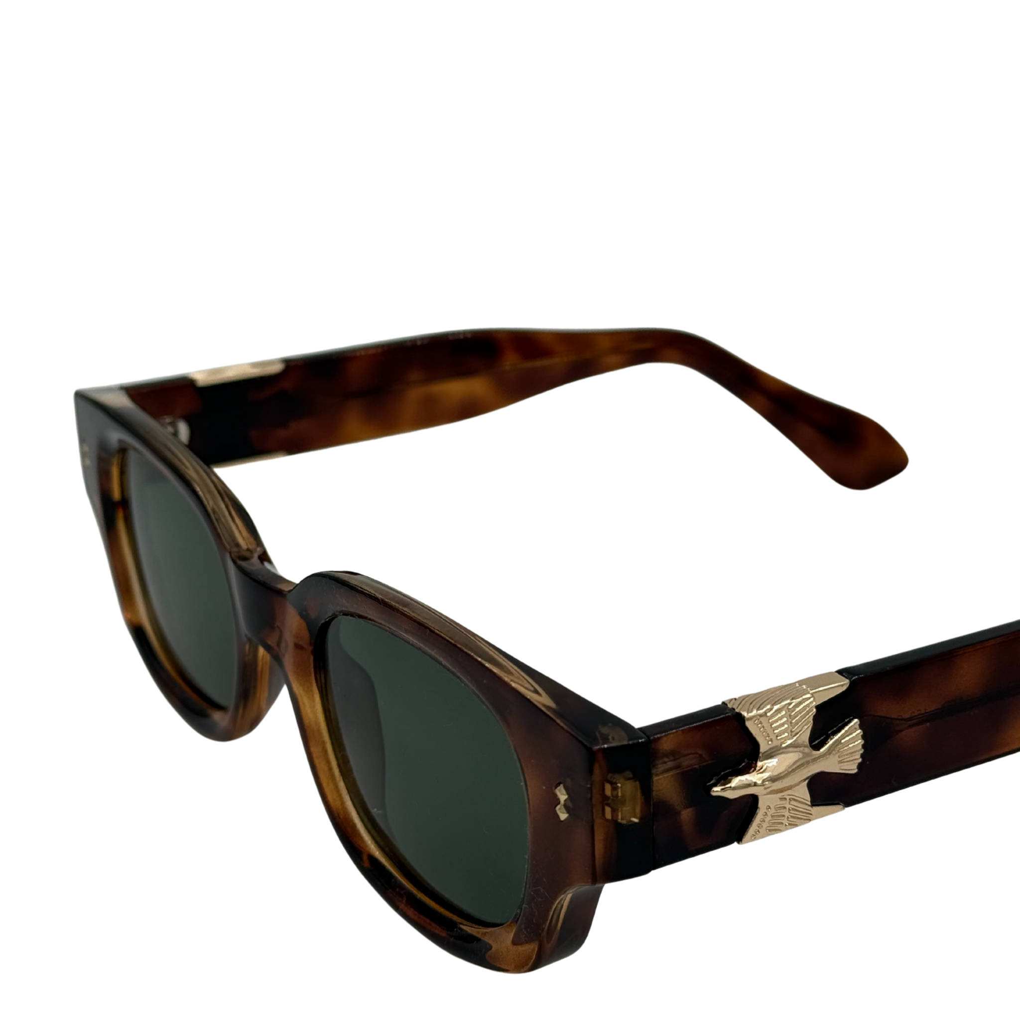 Sunglasses with wooden frame and gradient lenses on a white background