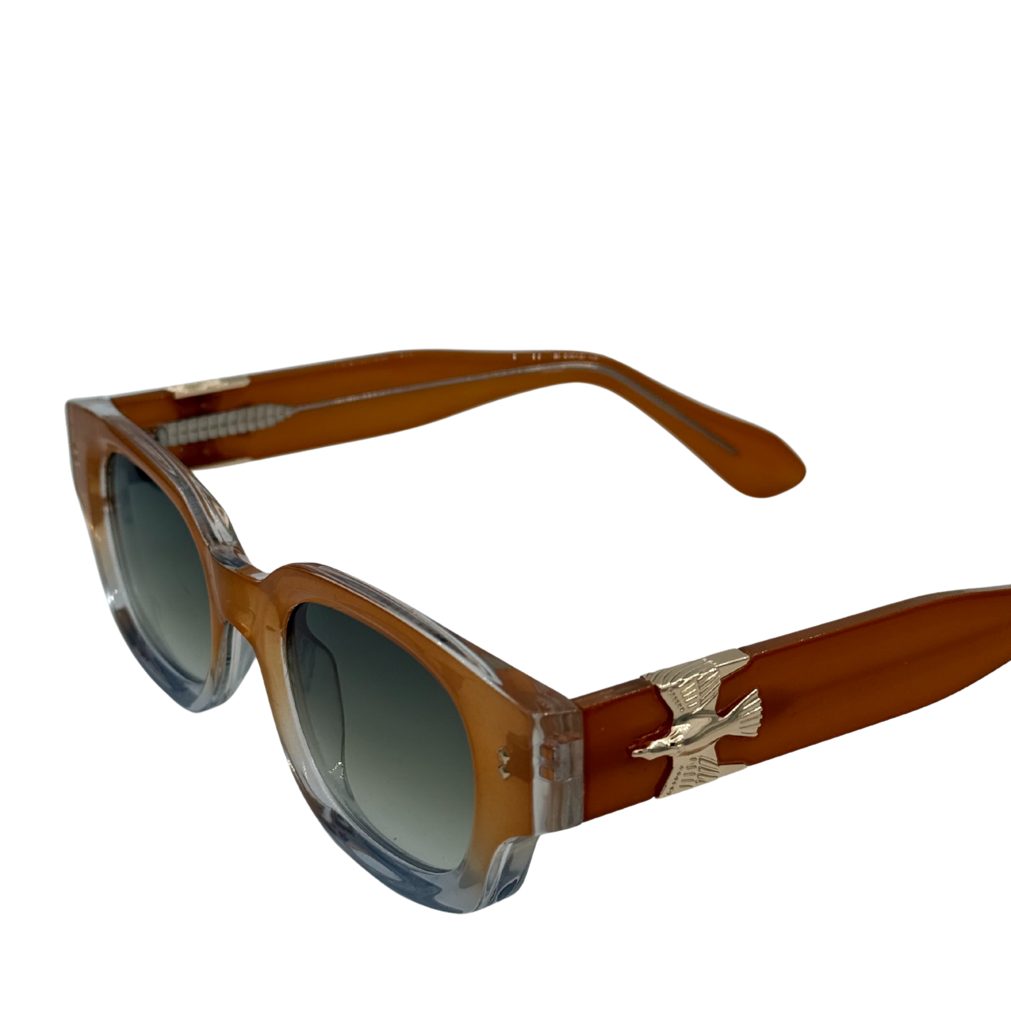 Sunglasses with wooden frame and gradient lenses on a white background