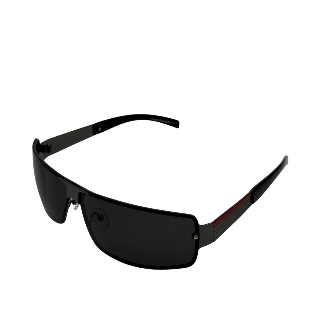 Black sunglasses with a red accent on a white background