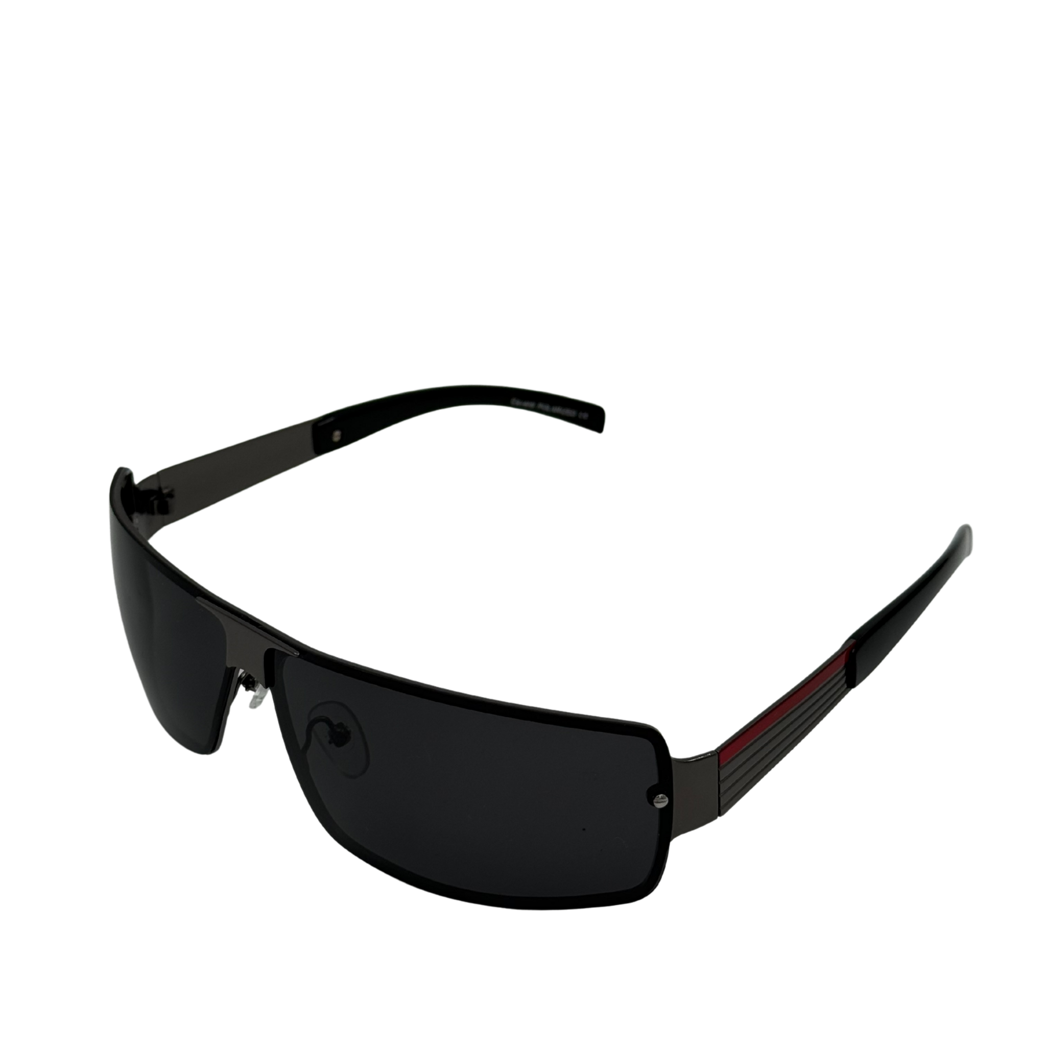 Black sunglasses with a red accent on a white background