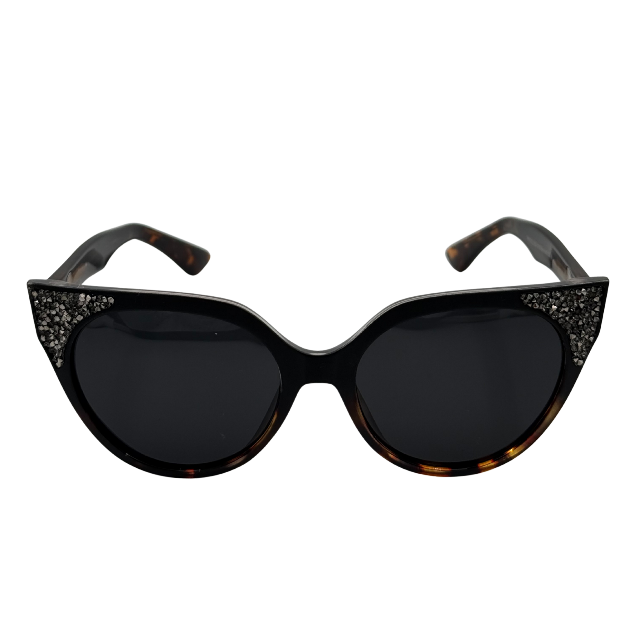 Black cat-eye sunglasses with glittery temple tips on a white background