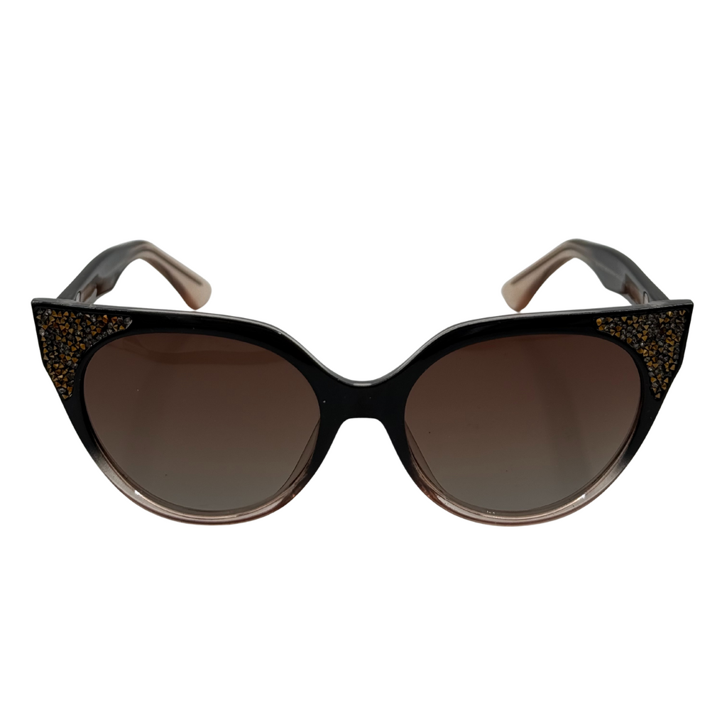 Black cat-eye sunglasses with decorative details on a white background