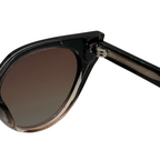 Close-up of a black sunglasses with a white background
