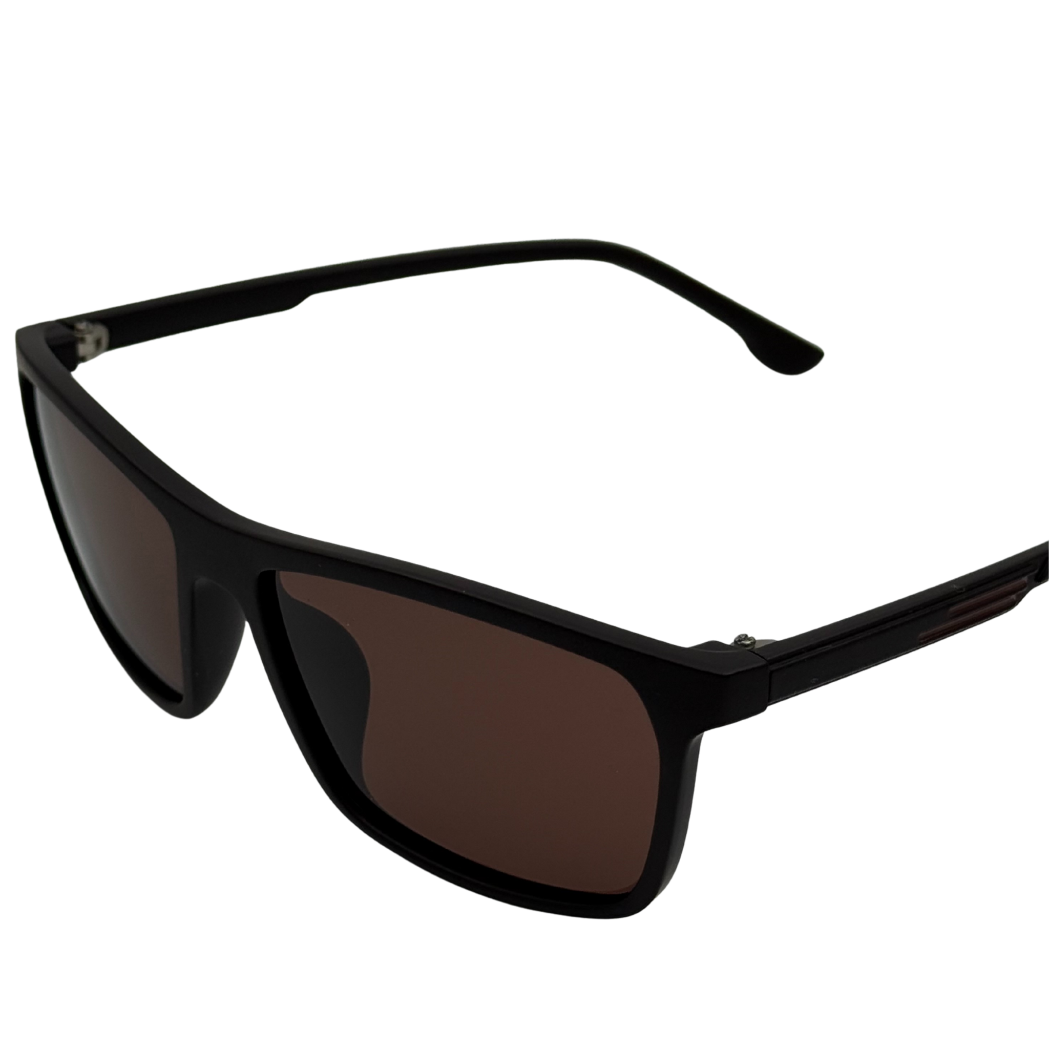 Black sunglasses with brown lenses on a white background