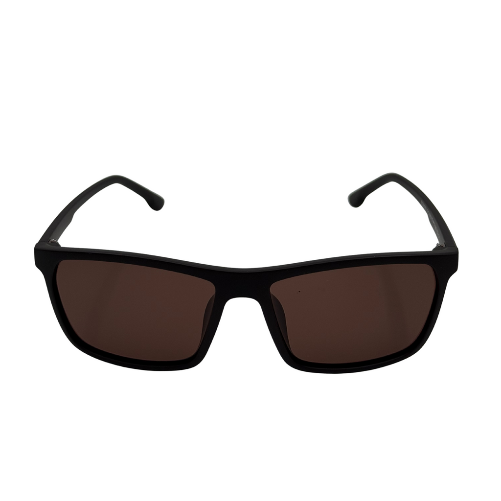 Black sunglasses with dark lenses on a white background