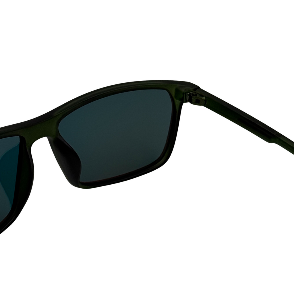 Black sunglasses with dark lenses on a white background