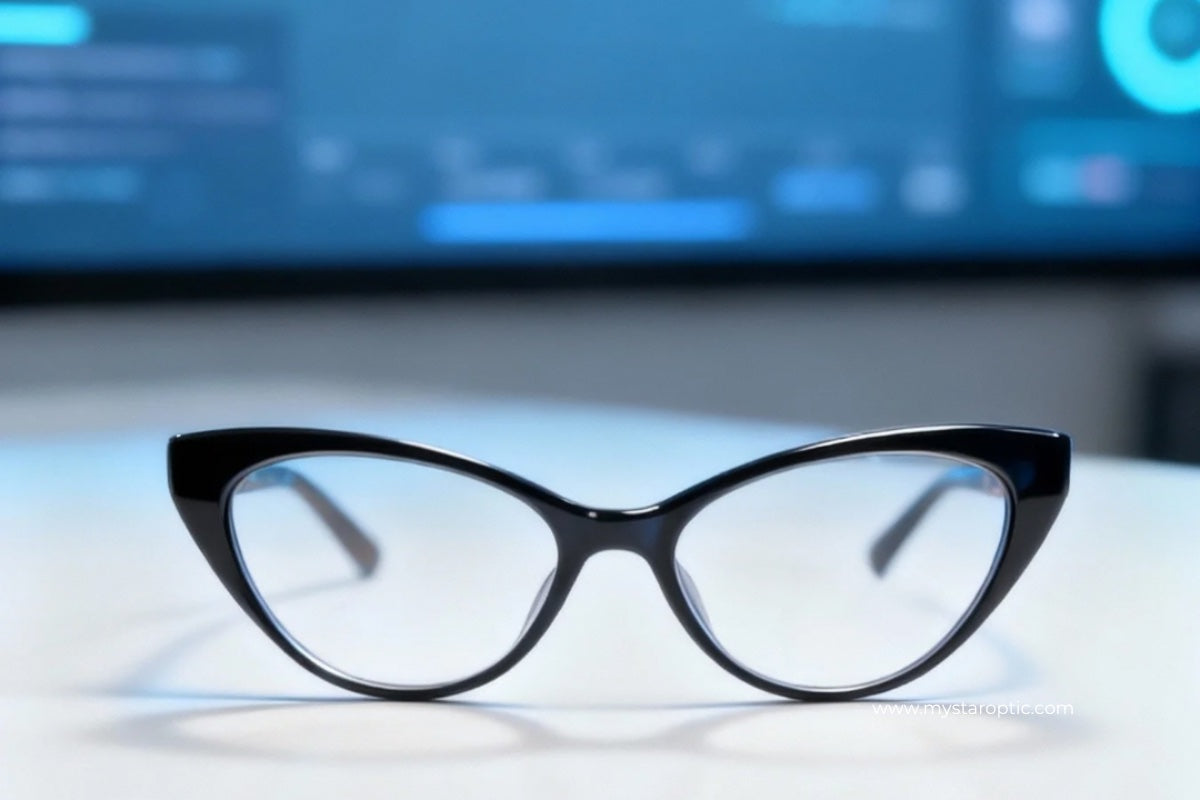 Black blue light glasses in front of a digital screen, designed to reduce eye strain from blue light.