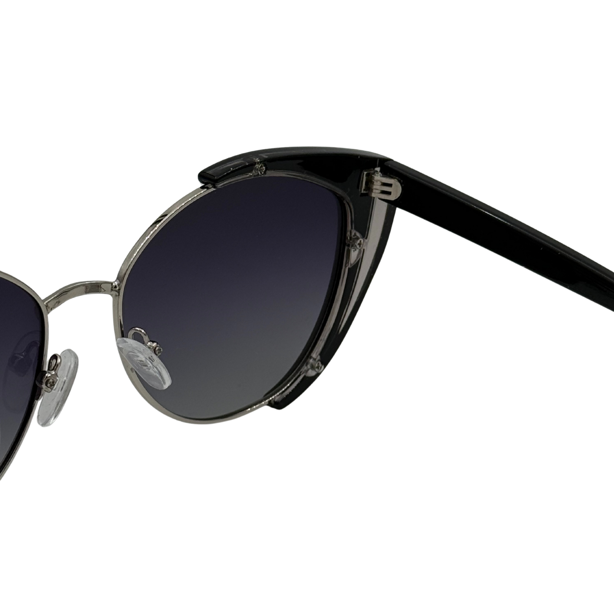 Sunglasses with black frame and gradient lenses on a white background