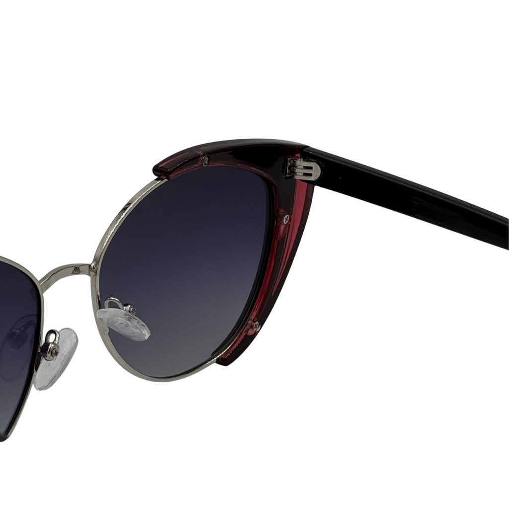 Sunglasses with dark lenses and a black frame on a white background