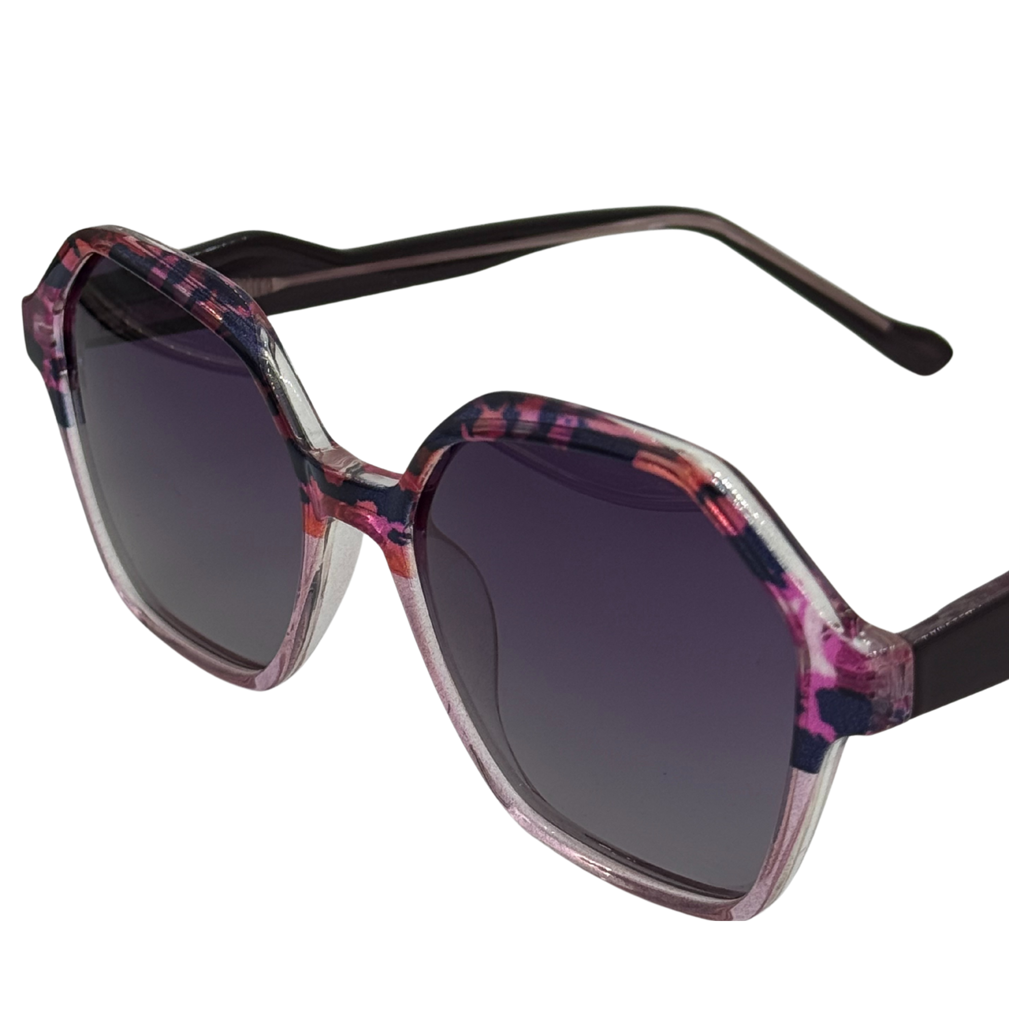 Sunglasses with a clear frame and brown gradient lens on a white background