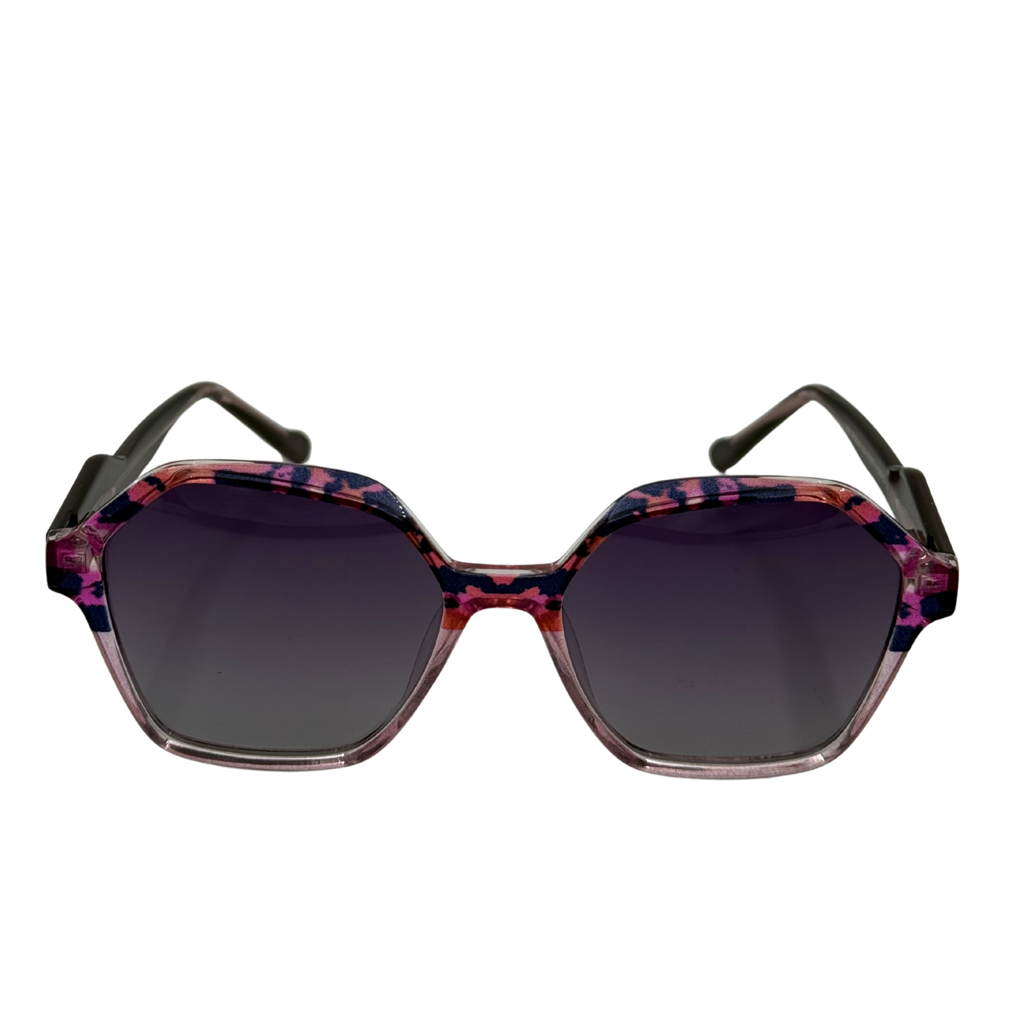 Sunglasses with a clear frame and dark lenses on a white background