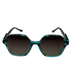 Sunglasses with a green and black frame on a white background