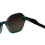 Sunglasses with a teal frame and dark lenses on a white background