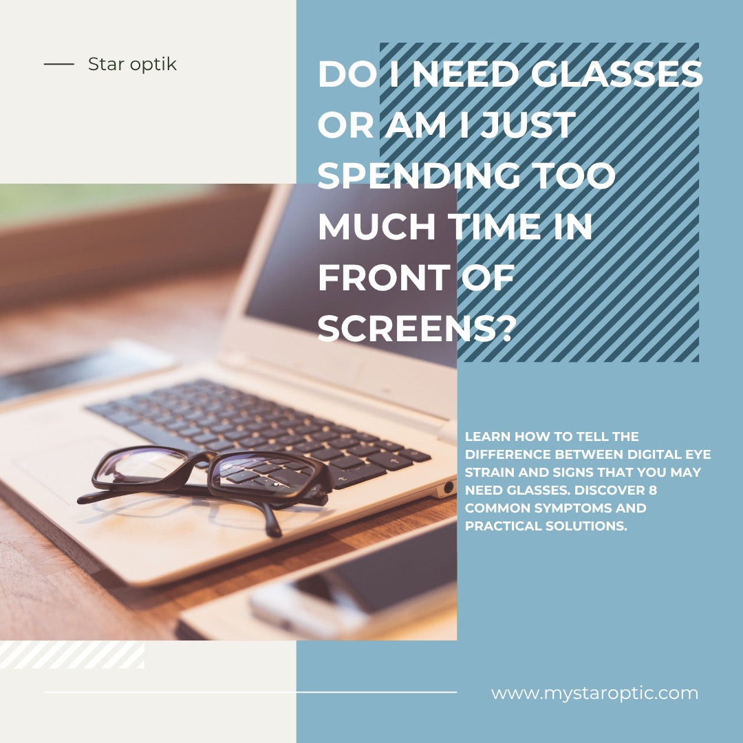 Laptop with glasses on a desk, promoting Star Optik with text about digital eye strain.