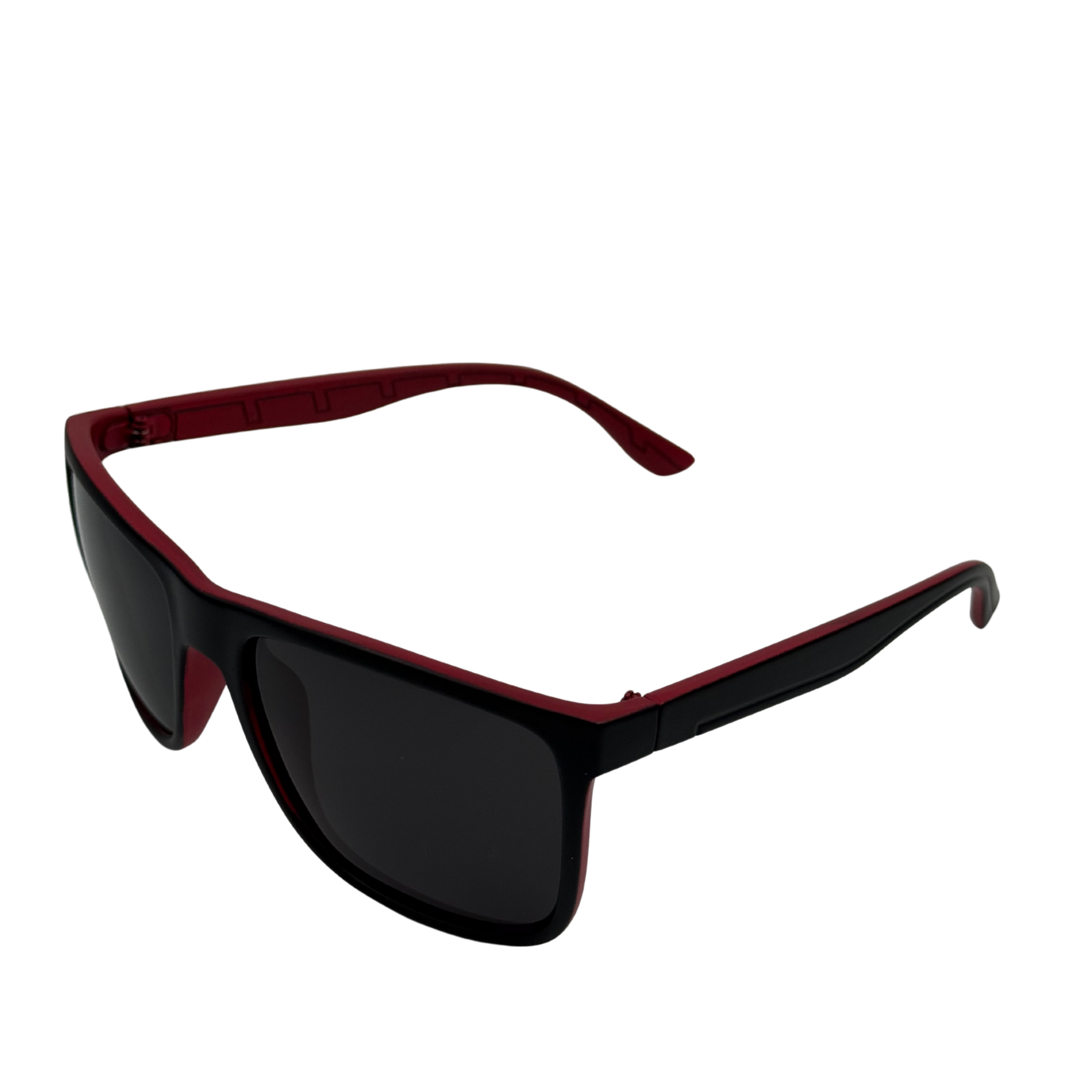 Sunglasses with black lenses and red frame on a white background
