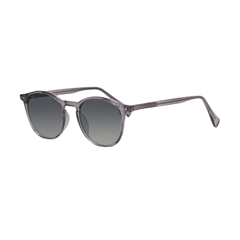 Polarized round sunglasses with dark lenses and metallic frame.