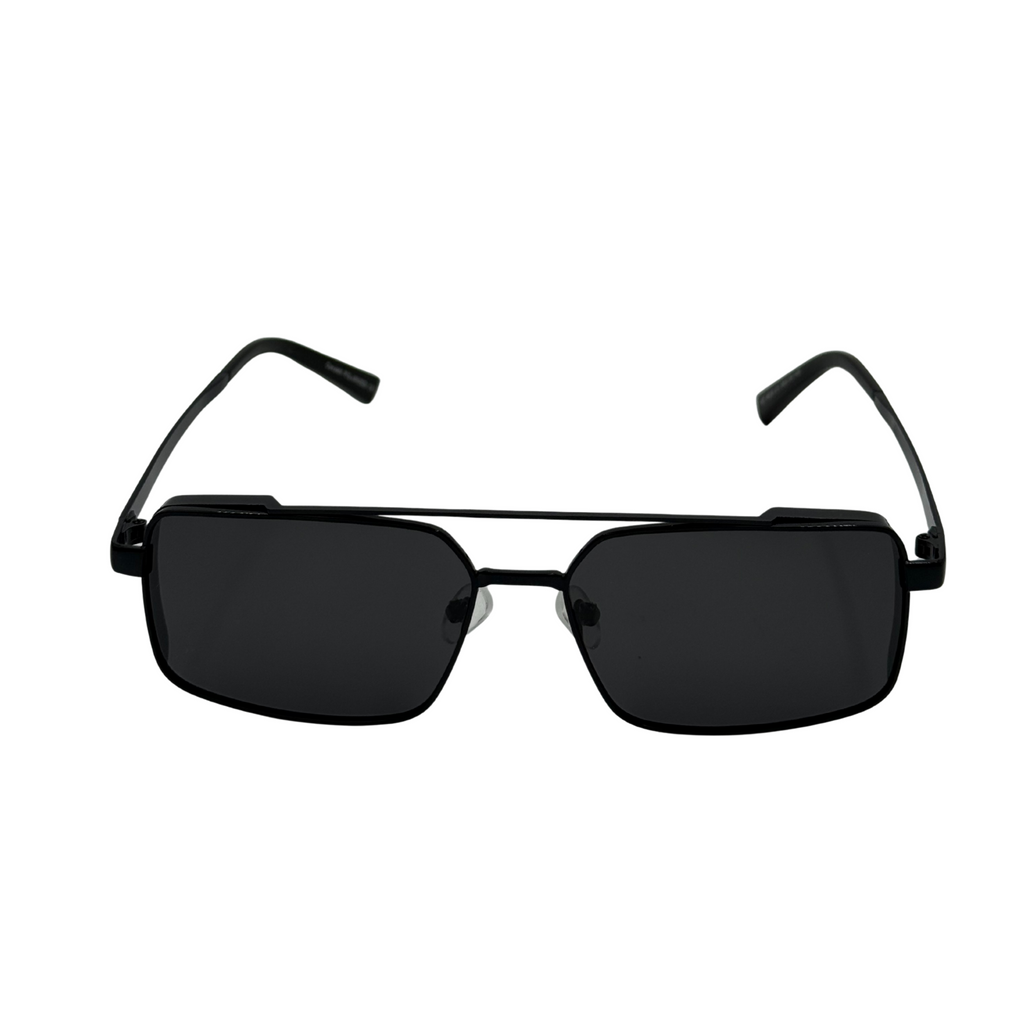 Black sunglasses with rectangular lenses on a white background