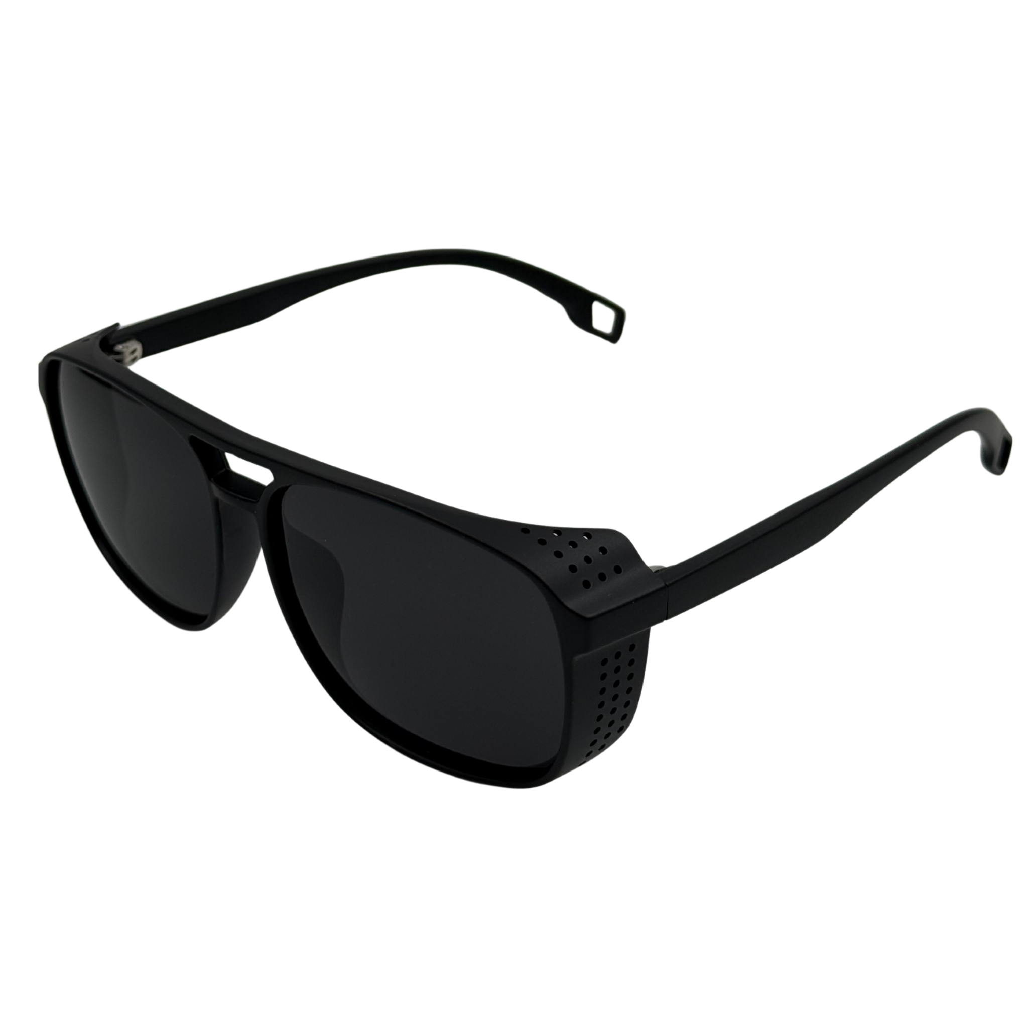 Black sunglasses with a unique frame design on a white background