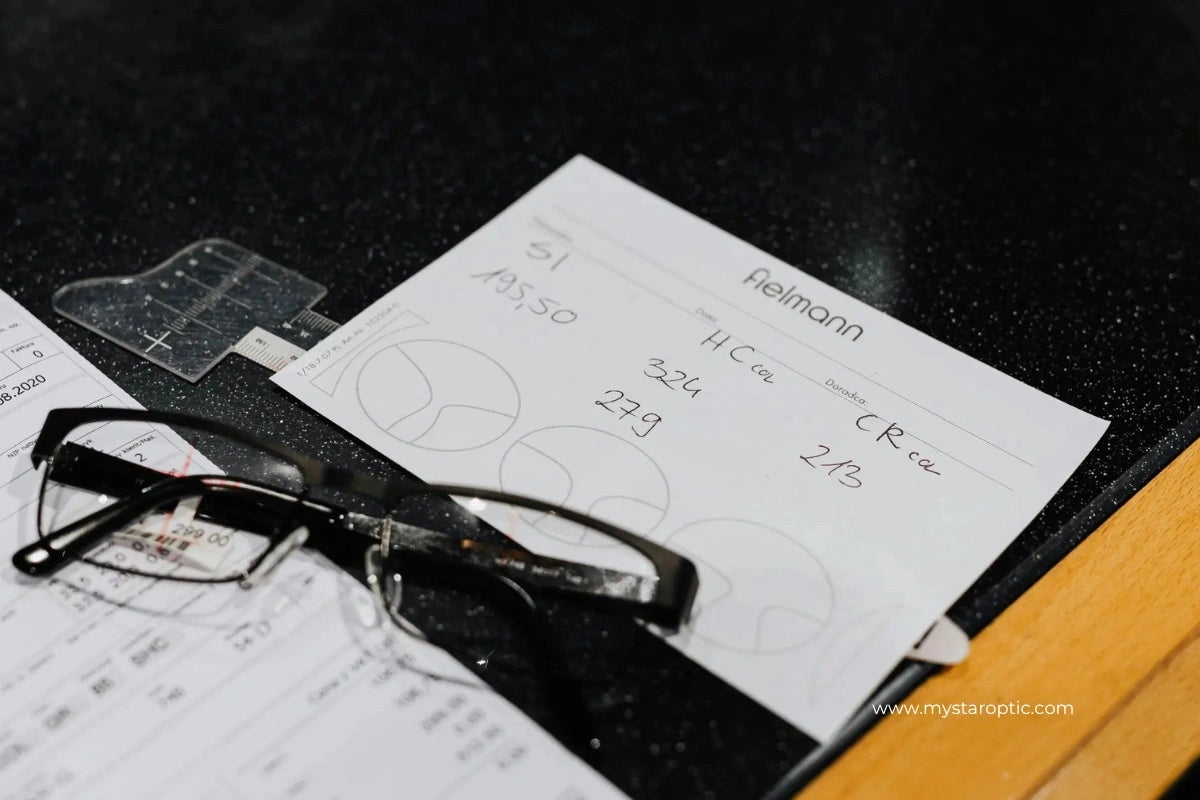 Eyeglasses prescription form with black frames, lens measurements and optical fitting details.