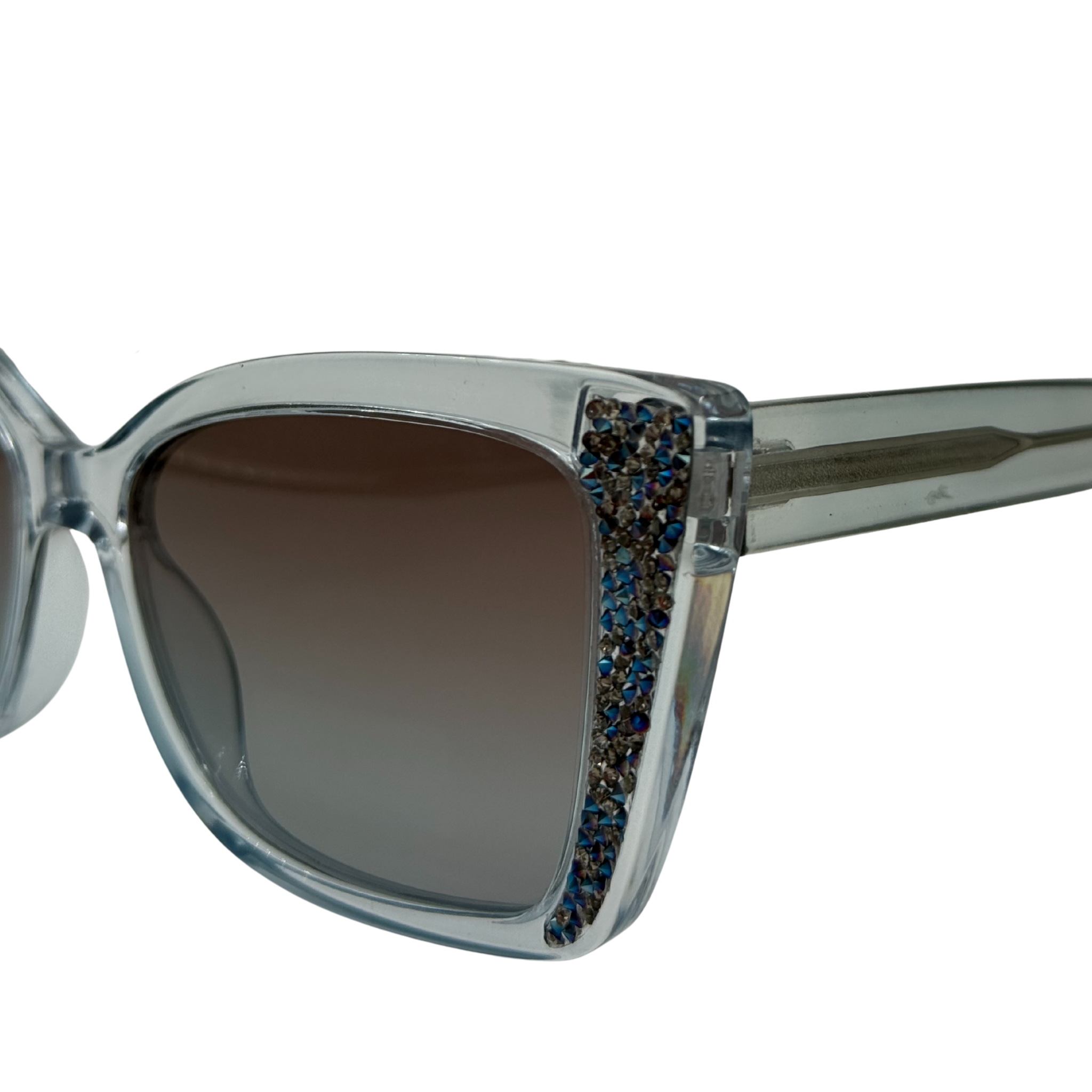 Sunglasses with dark lenses and a black frame on a white background