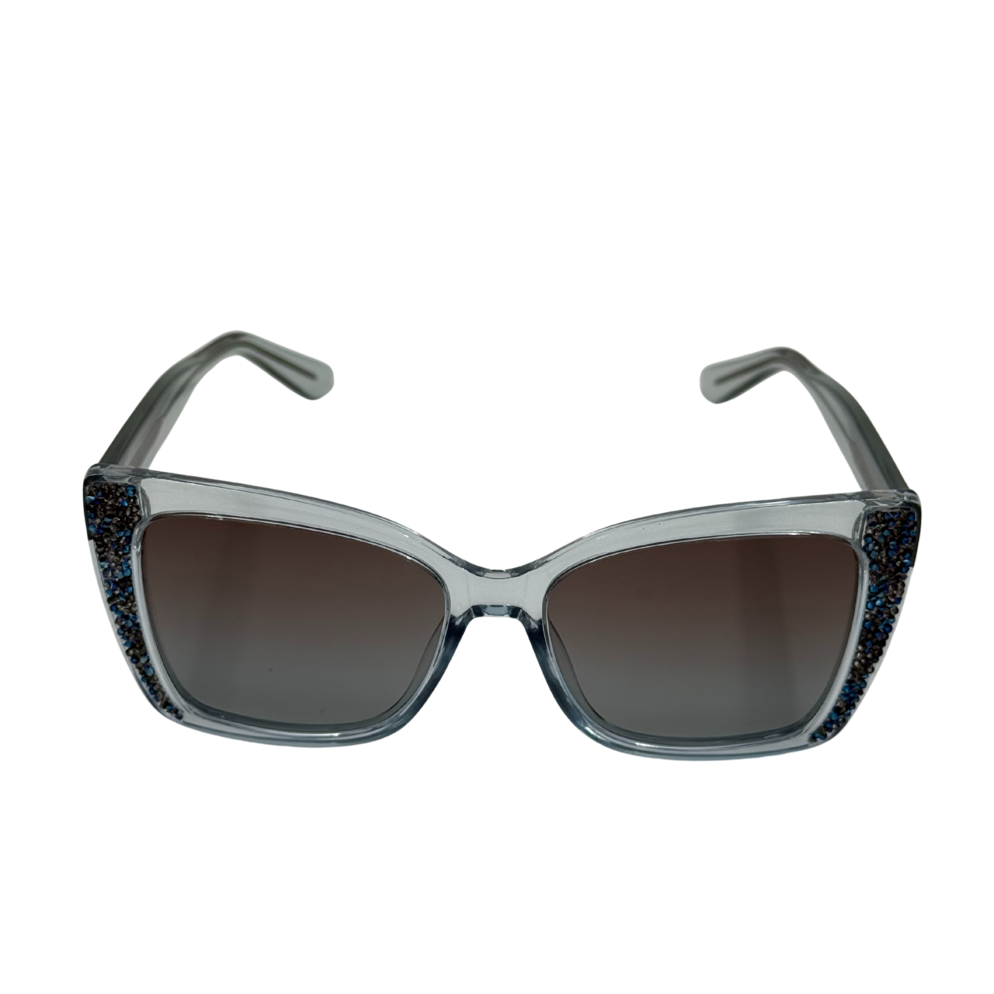 Sunglasses with black frame and dark lenses on a white background