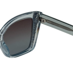 Close-up of a sunglasses with a clear frame and dark lenses on a white background