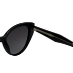 Black sunglasses with a brand logo on a white background