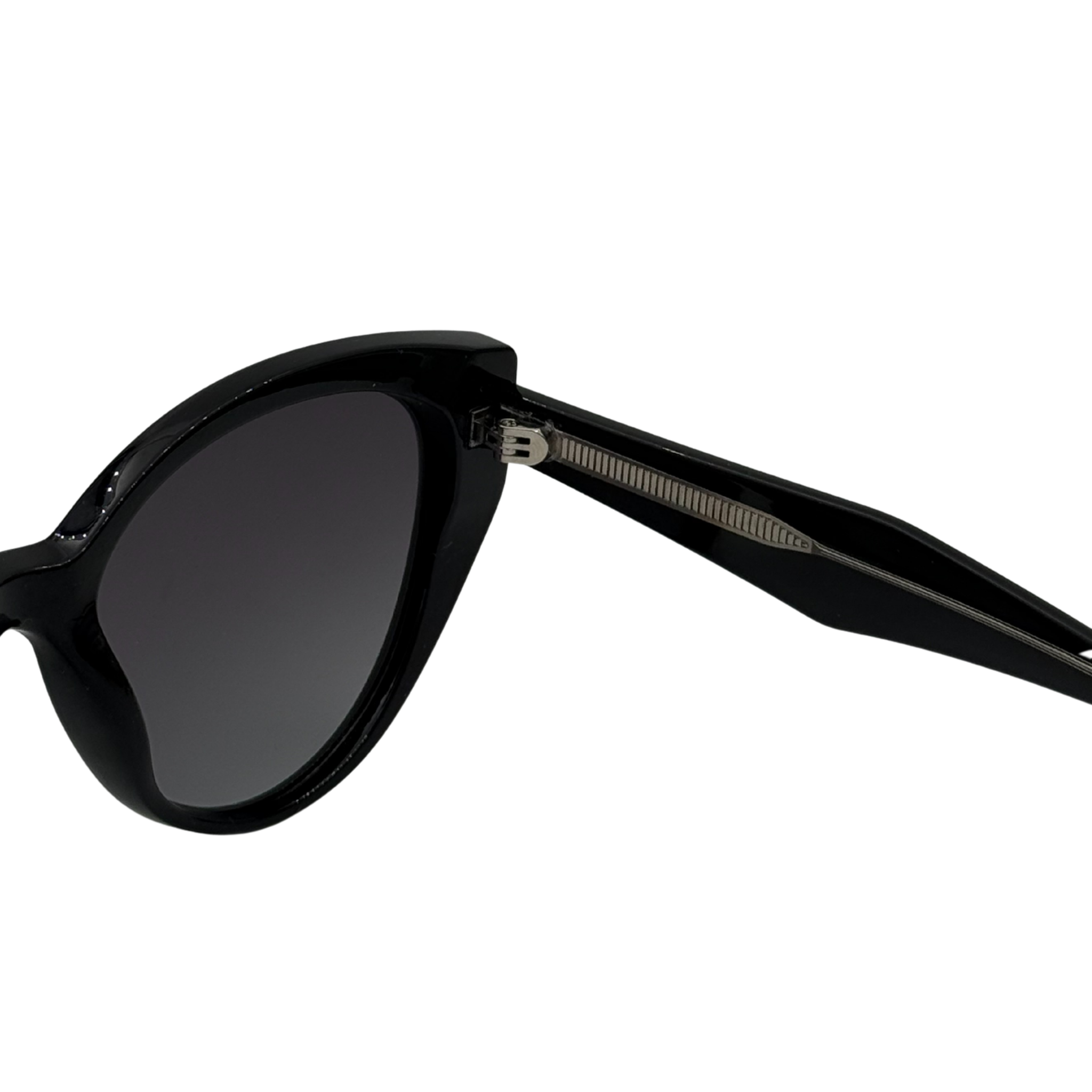 Black sunglasses with a brand logo on a white background